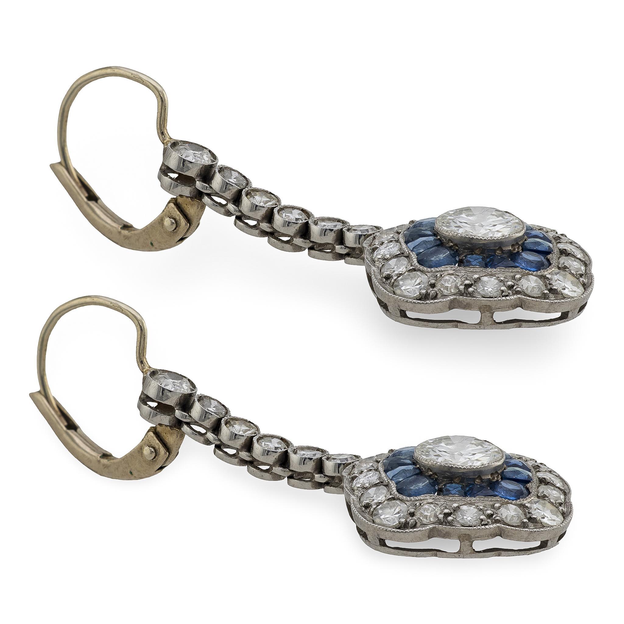 Art Deco 14K/Platinum Diamond & Sapphire Dangle Earrings In Good Condition For Sale In Narberth, PA