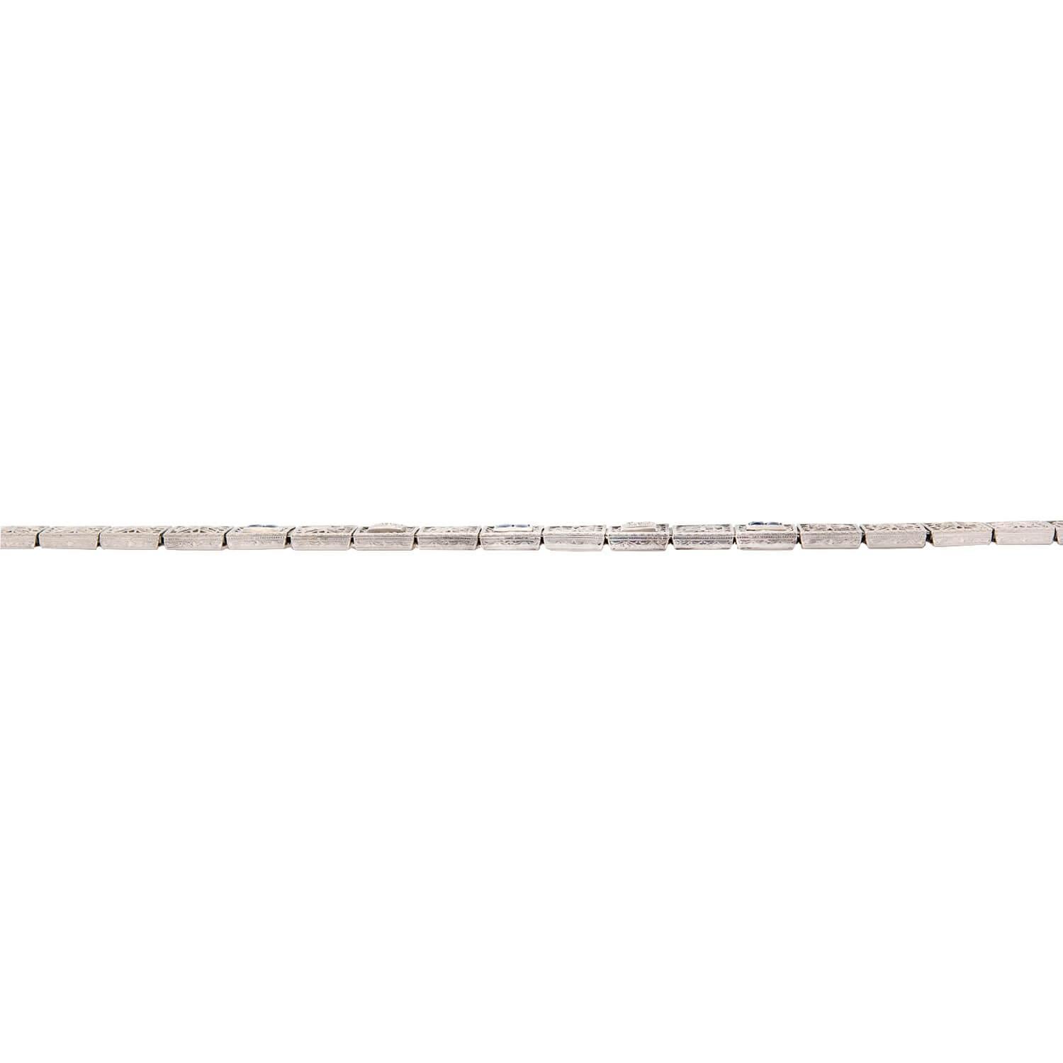 Old European Cut Art Deco 14K/Platinum Top Diamond and Sapphire Filigree Line Bracelet For Sale