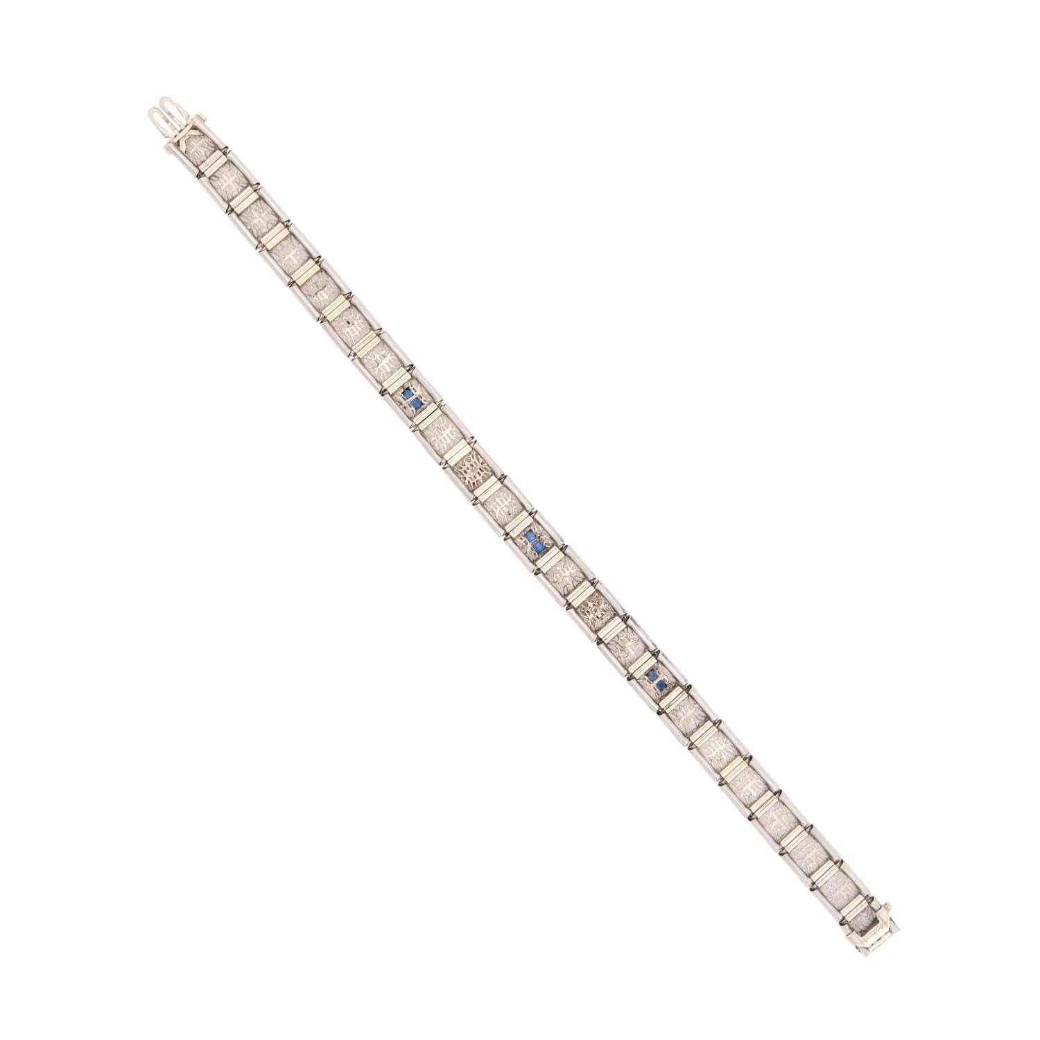Art Deco 14K/Platinum Top Diamond and Sapphire Filigree Line Bracelet In Good Condition For Sale In Narberth, PA