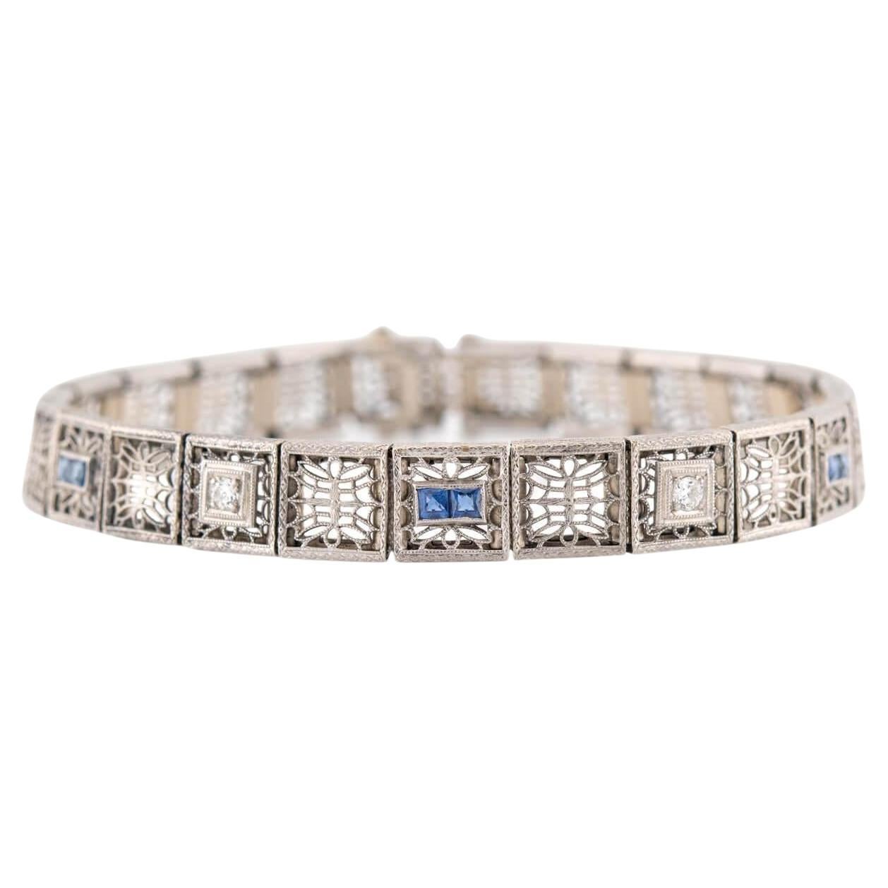 Art Deco 14K/Platinum Top Diamond and Sapphire Filigree Line Bracelet