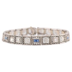 Art Deco 14K/Platinum Top Diamond and Sapphire Filigree Line Bracelet