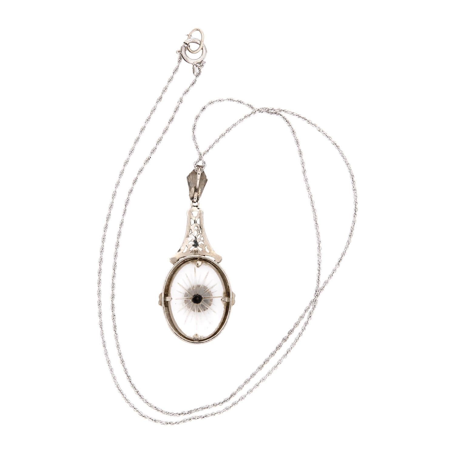 Art Deco 14k Rock Quartz Crystal, Onyx, and Diamond Pendant Necklace In Good Condition For Sale In Narberth, PA