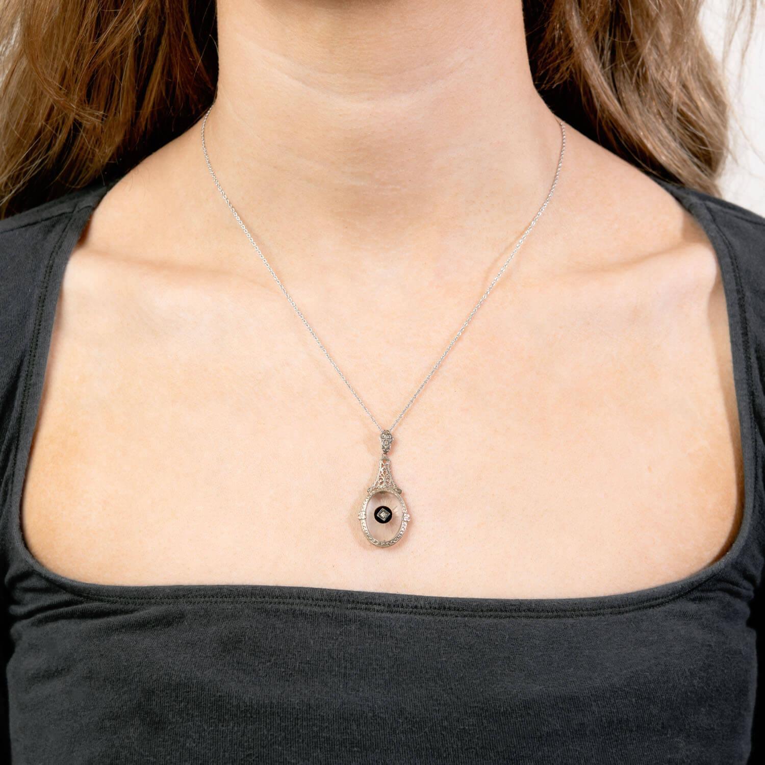 Art Deco 14k Rock Quartz Crystal, Onyx, and Diamond Pendant Necklace For Sale 1