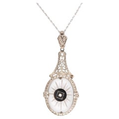 Art Deco 14k Rock Quartz Crystal, Onyx, and Diamond Pendant Necklace