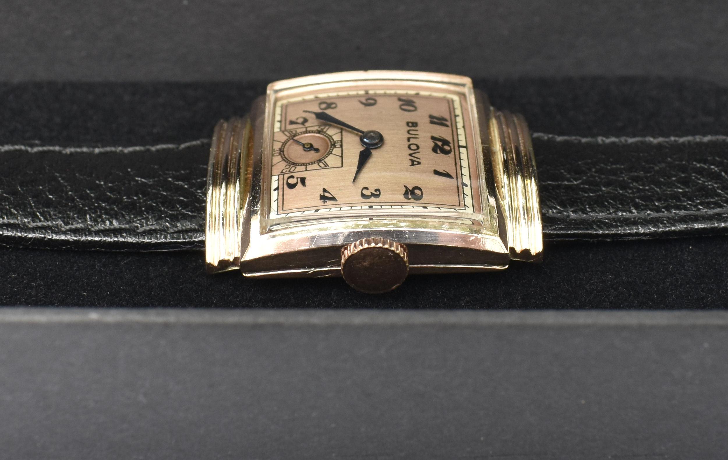 Men's Art Deco 14k Rolled Rose GF Gents Wristwatch, c1940, Bulova, Fully Serviced