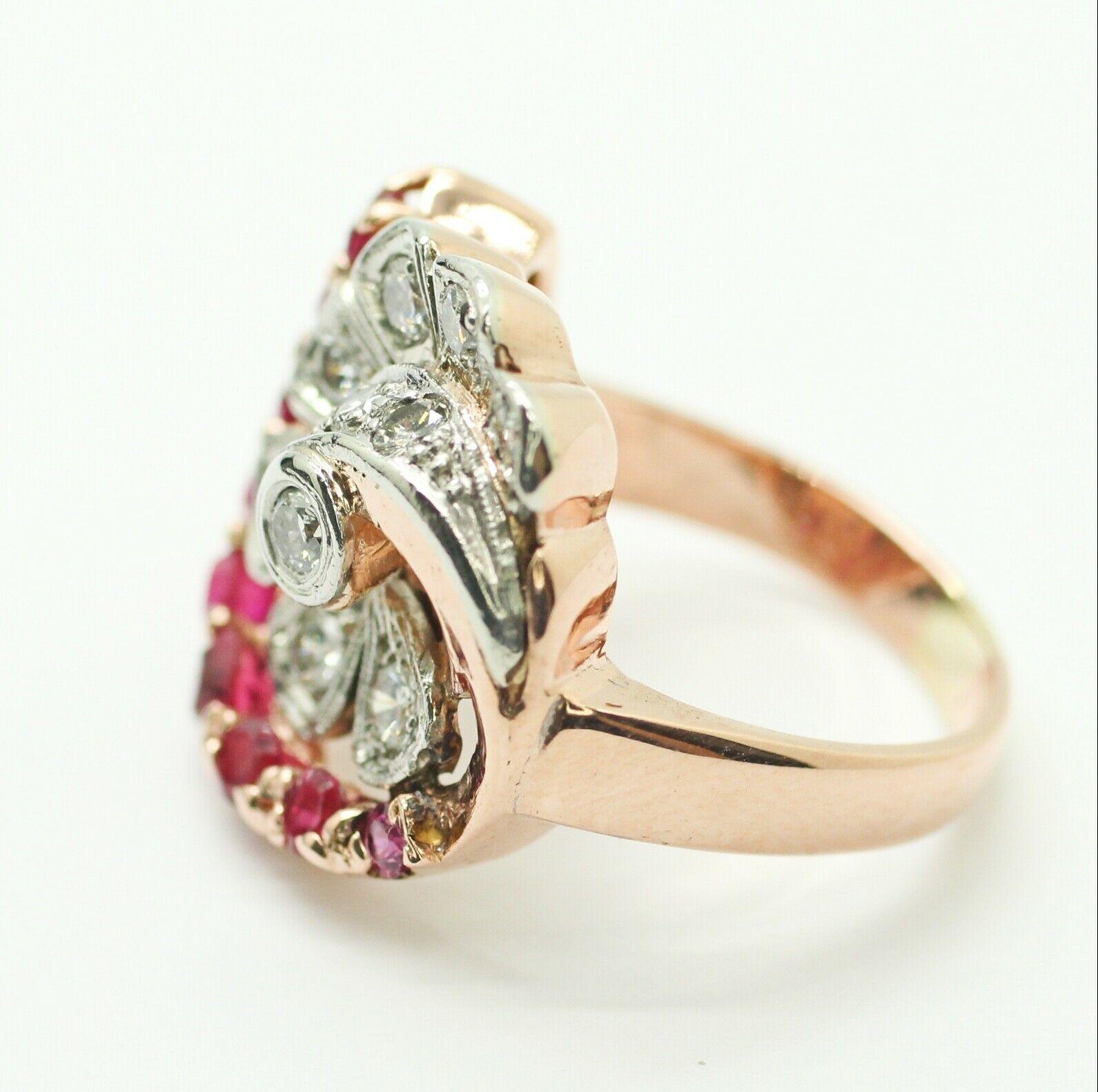 Round Cut Art Deco Style 14 Karat Rose Gold with Ruby and Diamond Ring