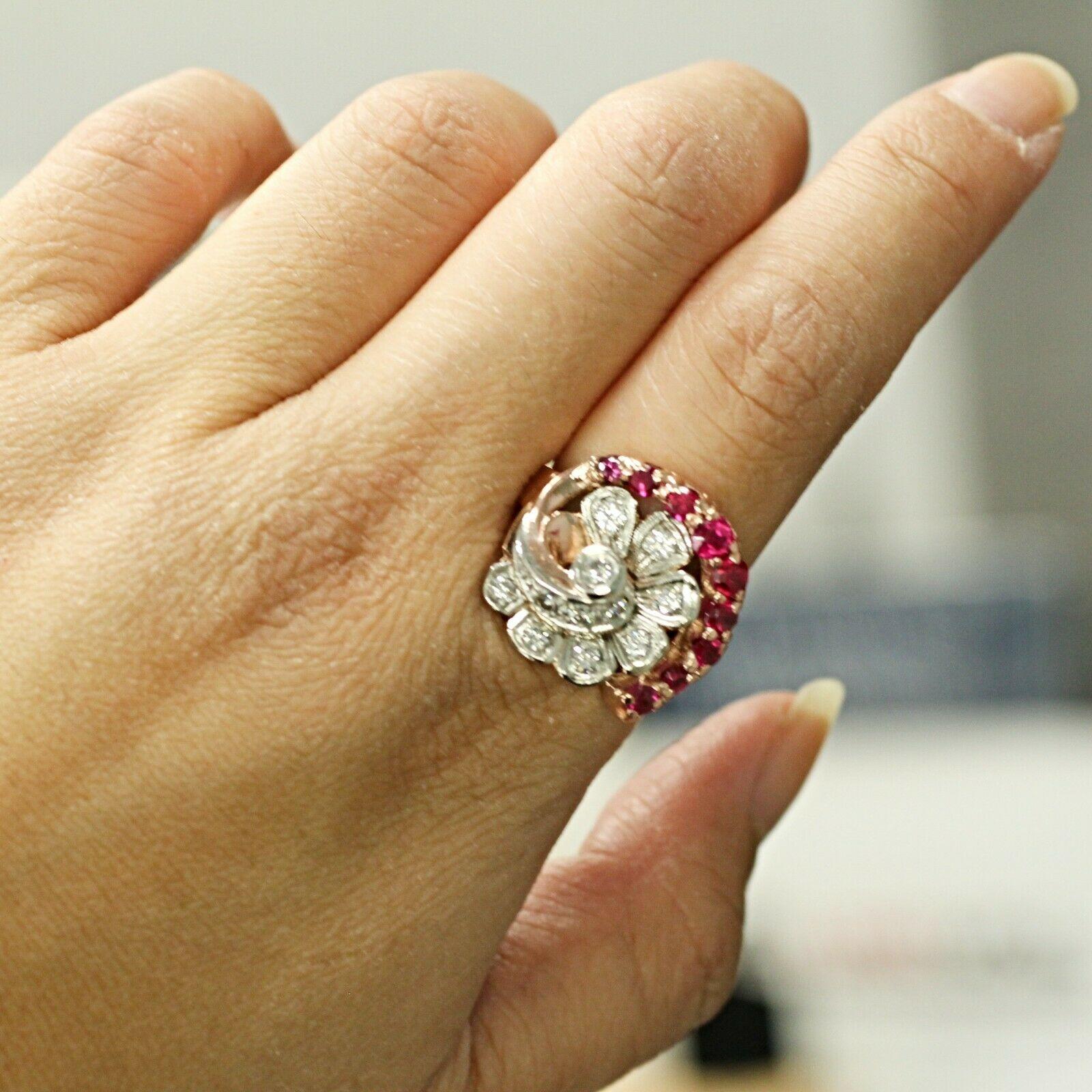 Art Deco Style 14 Karat Rose Gold with Ruby and Diamond Ring In Excellent Condition In Los Angeles, CA