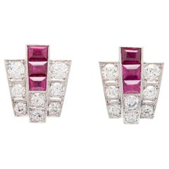 Art Deco 14k Ruby + Diamond Stud Earrings