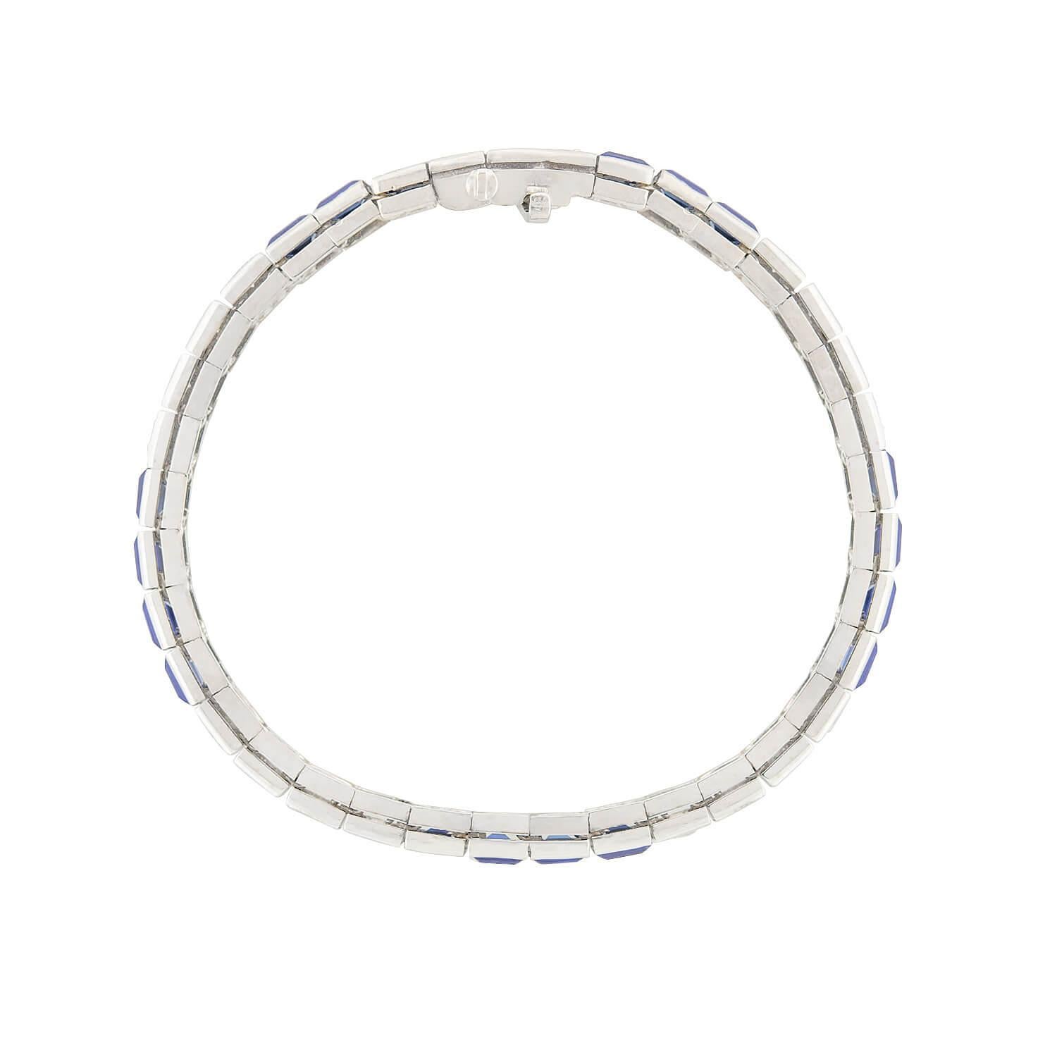 Emerald Cut Art Deco 14k Sapphire and Diamond Tennis Bracelet For Sale