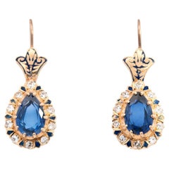 Art Deco 14k Sapphire, Diamond, and Enamel Drop Earrings