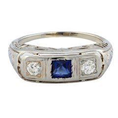 Art Deco 14k Sapphire & Diamond Three Stone Ring