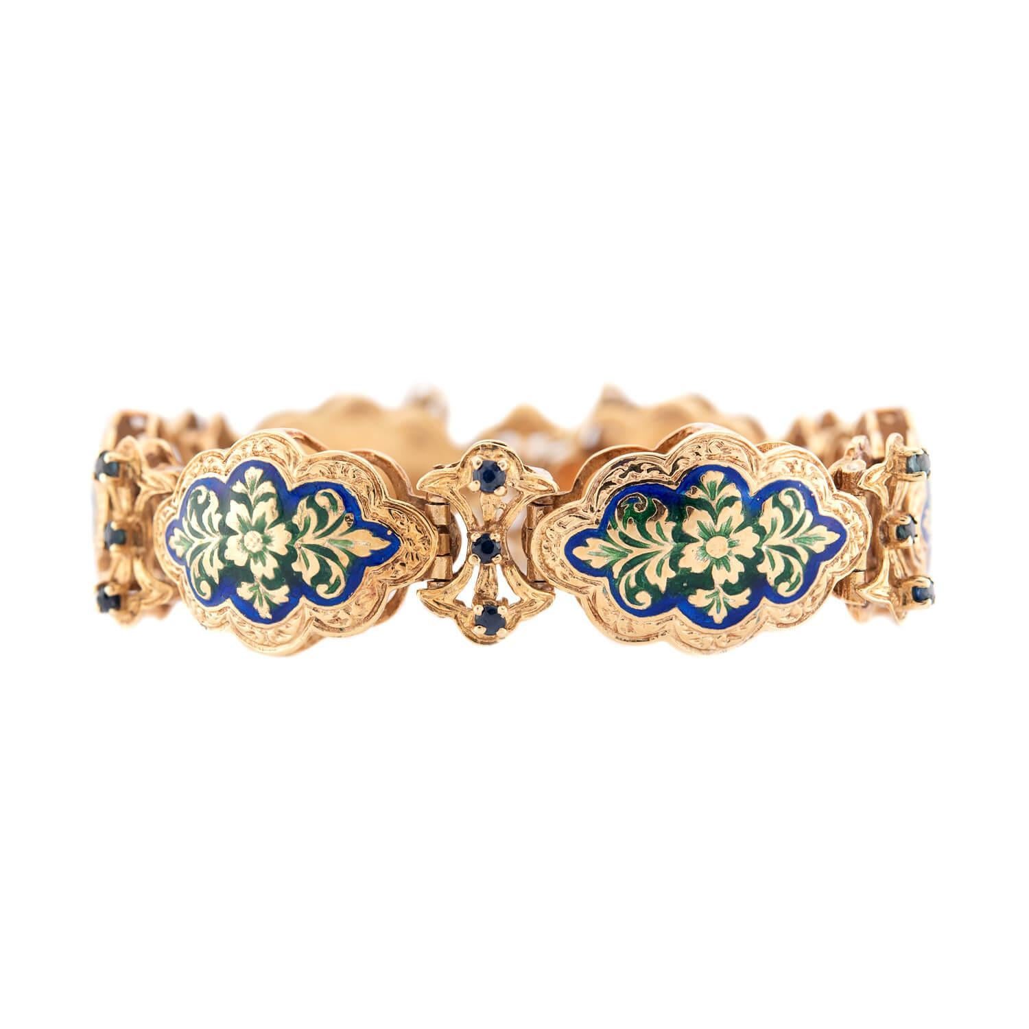 Art Deco 14k Sapphire & Enamel Link Bracelet Bon état - En vente à Narberth, PA