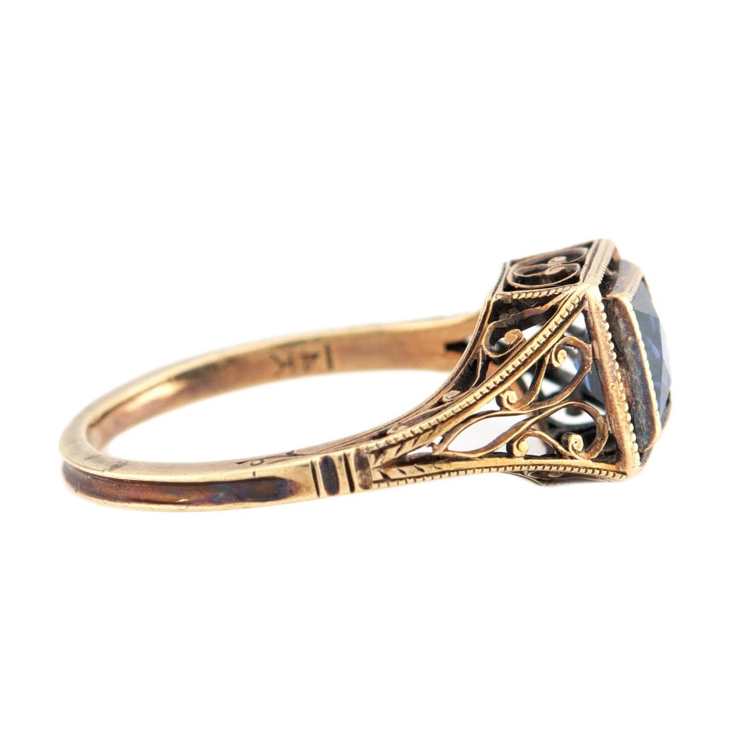 French Cut Art Deco 14k Sapphire Ring For Sale