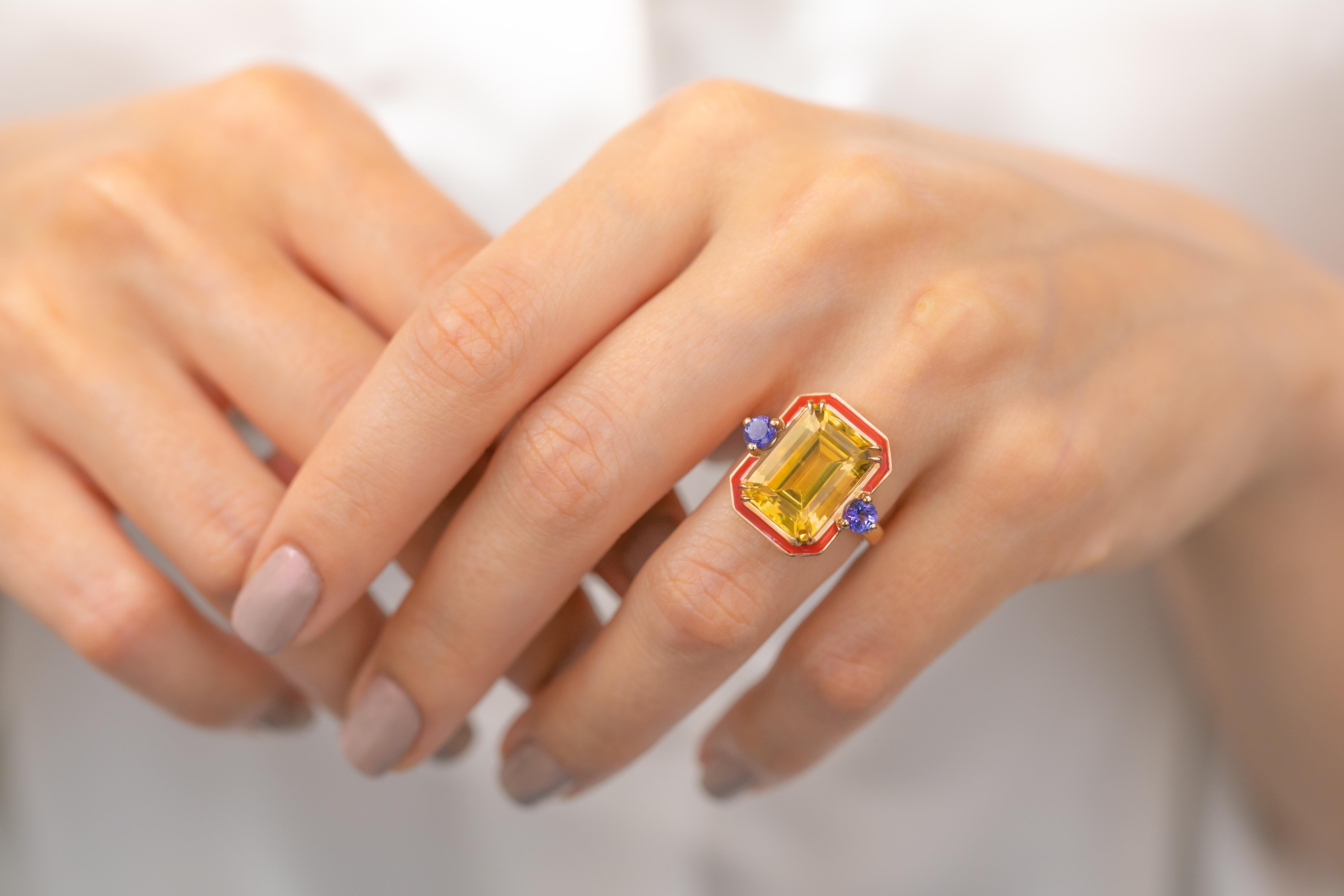 For Sale:  Art Deco 14k Solid Gold, 6.43ct, Citrine and 0.40ct, Ceylon Sapphire Stone Ring 10