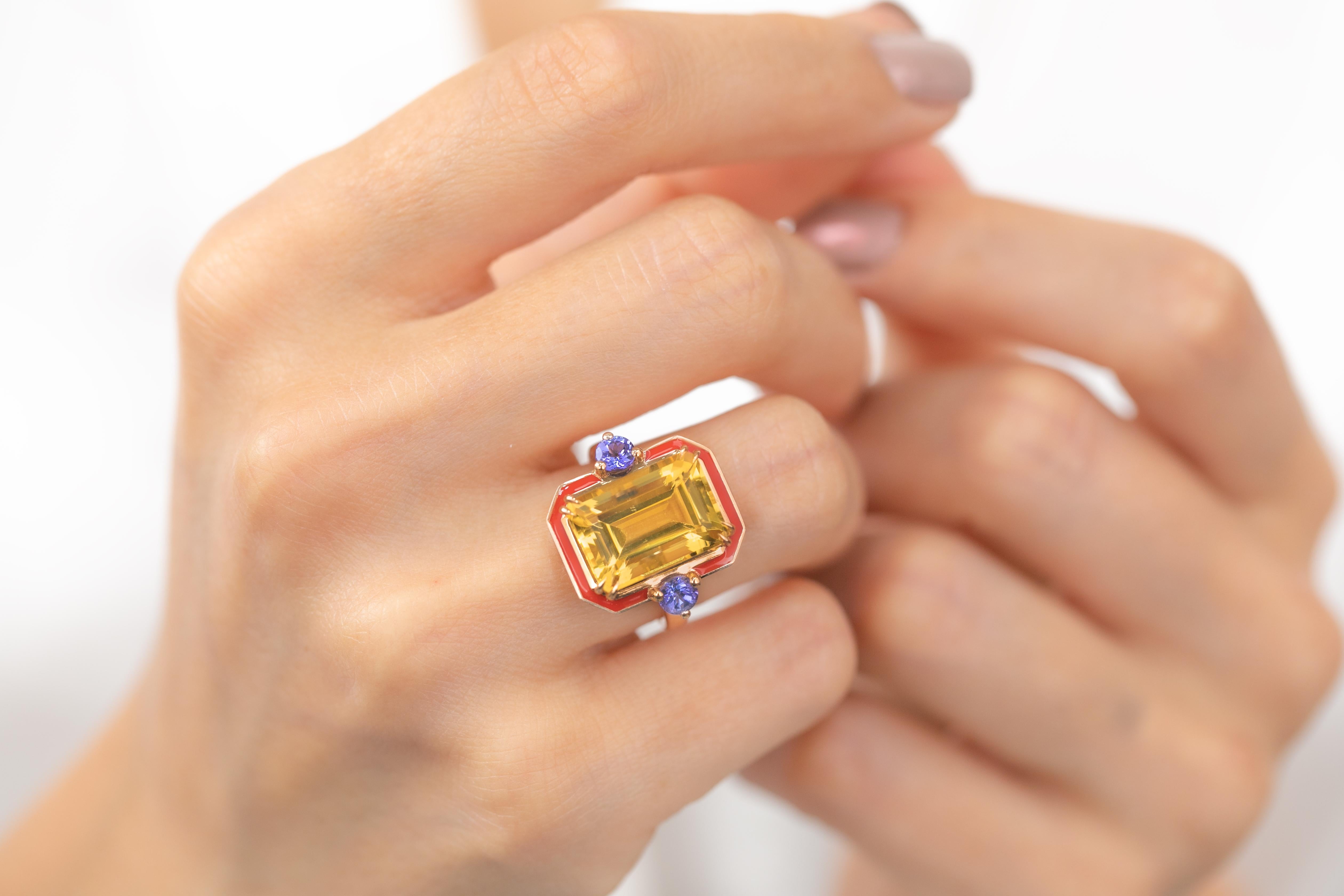 For Sale:  Art Deco 14k Solid Gold, 6.43ct, Citrine and 0.40ct, Ceylon Sapphire Stone Ring 12