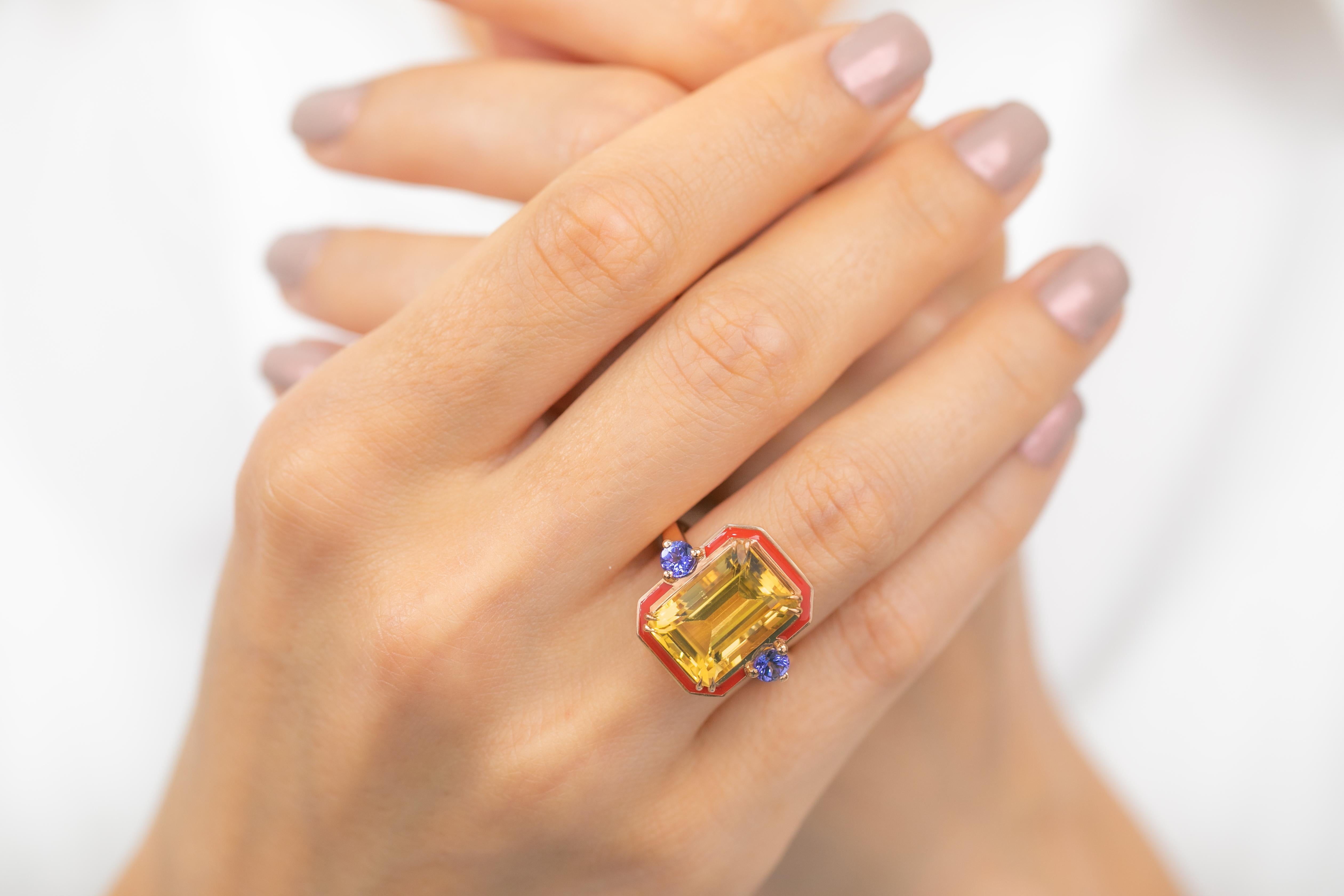For Sale:  Art Deco 14k Solid Gold, 6.43ct, Citrine and 0.40ct, Ceylon Sapphire Stone Ring 13