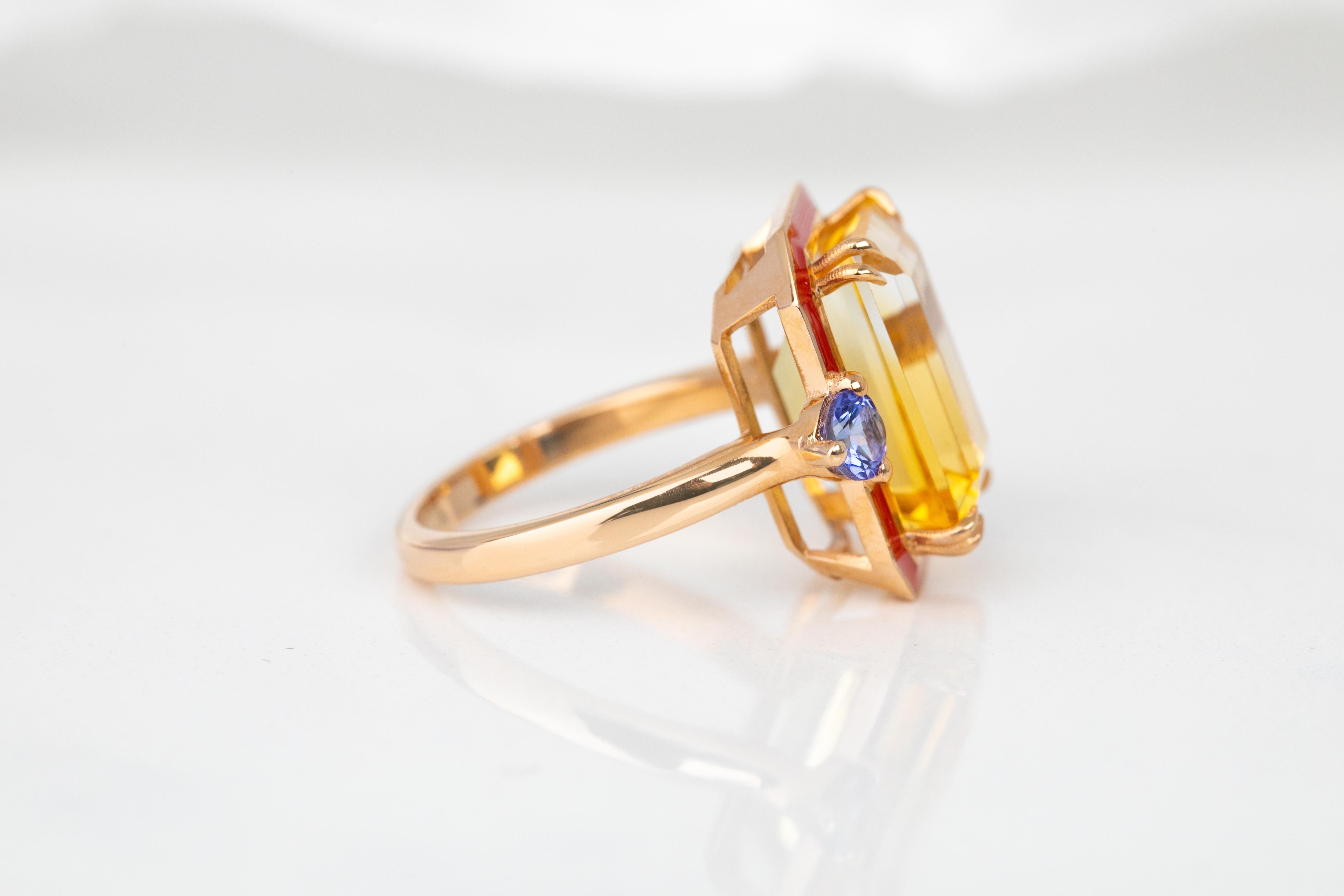 For Sale:  Art Deco 14k Solid Gold, 6.43ct, Citrine and 0.40ct, Ceylon Sapphire Stone Ring 16