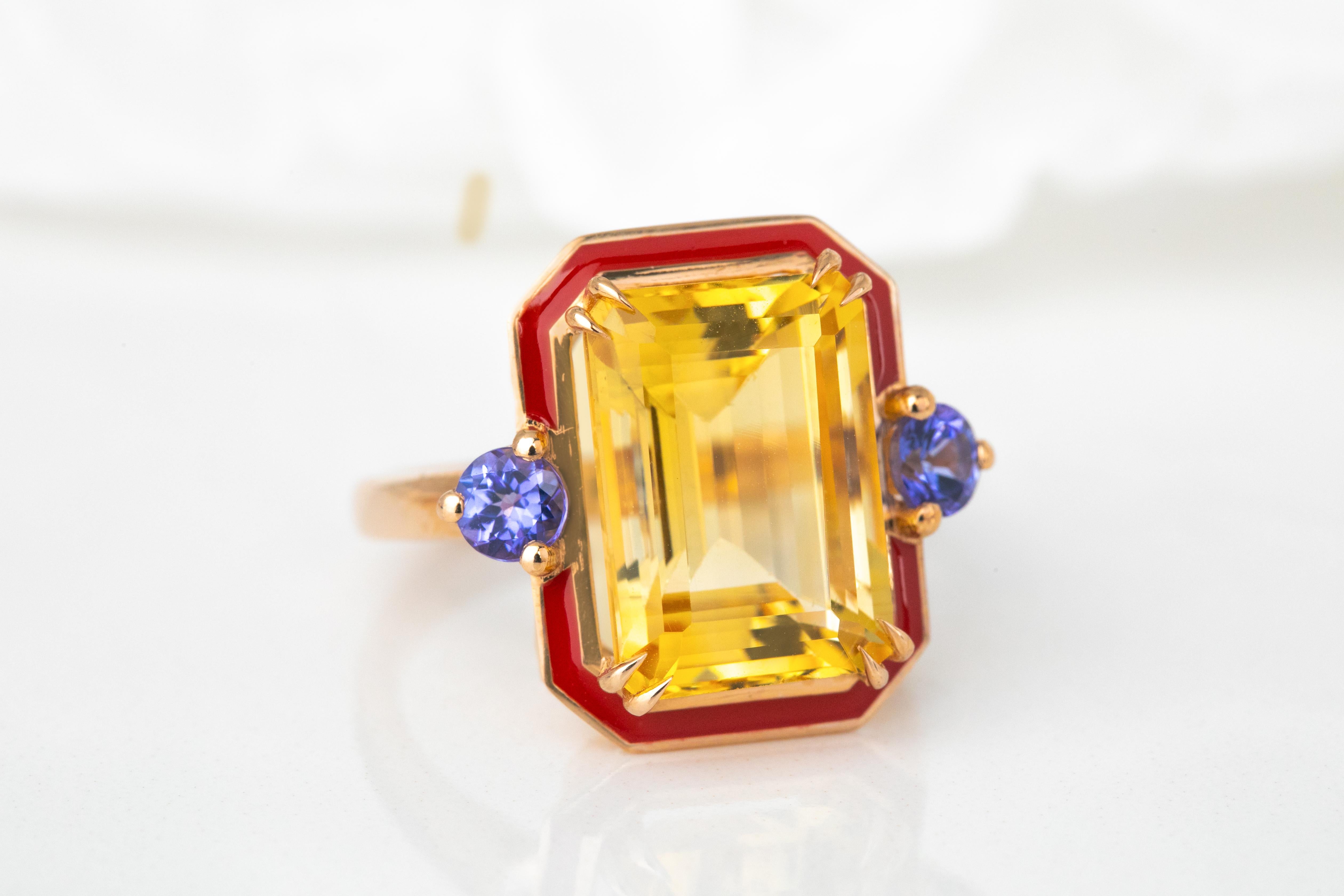 For Sale:  Art Deco 14k Solid Gold, 6.43ct, Citrine and 0.40ct, Ceylon Sapphire Stone Ring 2