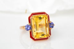 Art Deco 14k Solid Gold, 6.43ct, Citrine and 0.40ct, Ceylon Sapphire Stone Ring