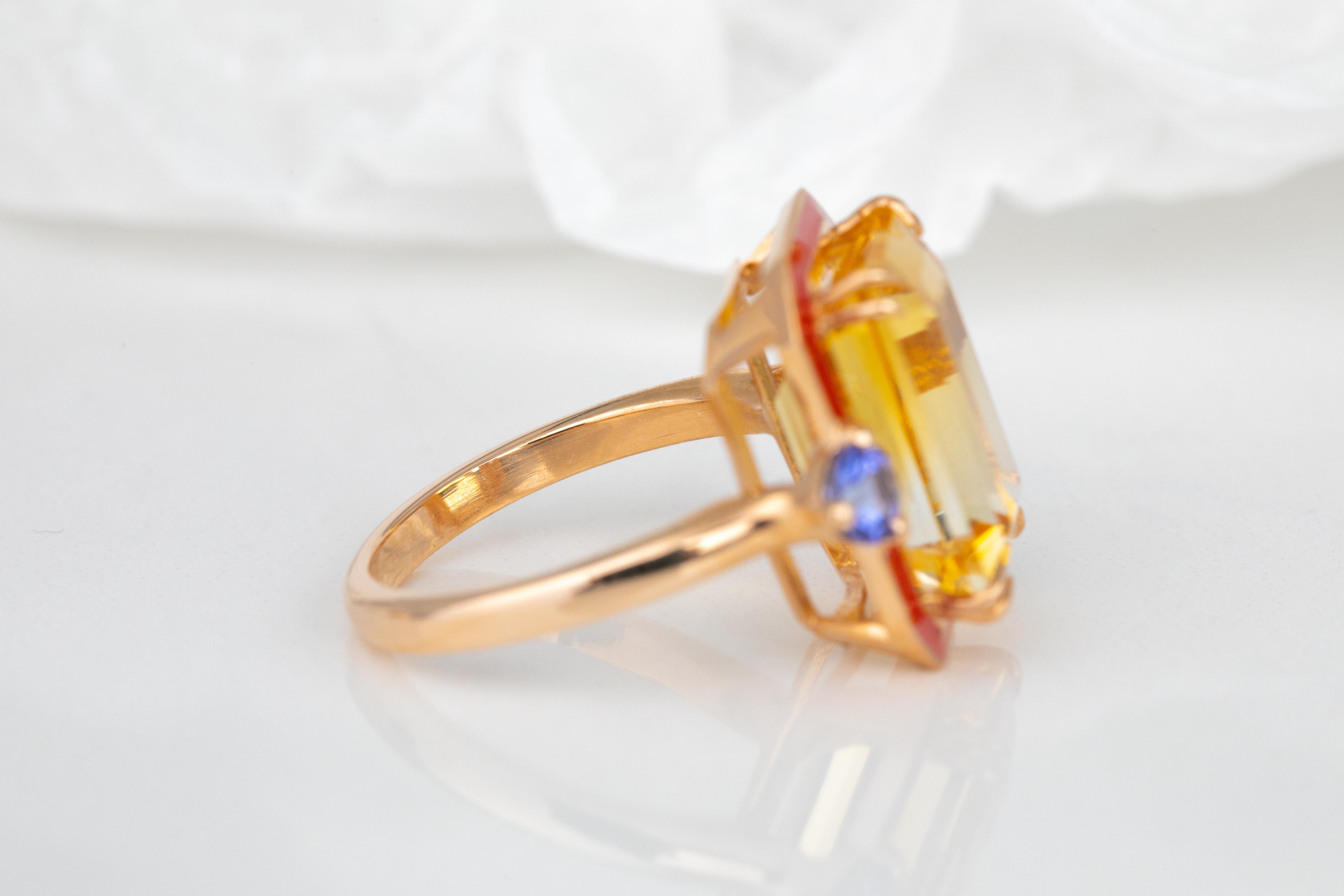 For Sale:  Art Deco 14k Solid Gold, 6.43ct, Citrine and 0.40ct, Ceylon Sapphire Stone Ring 3