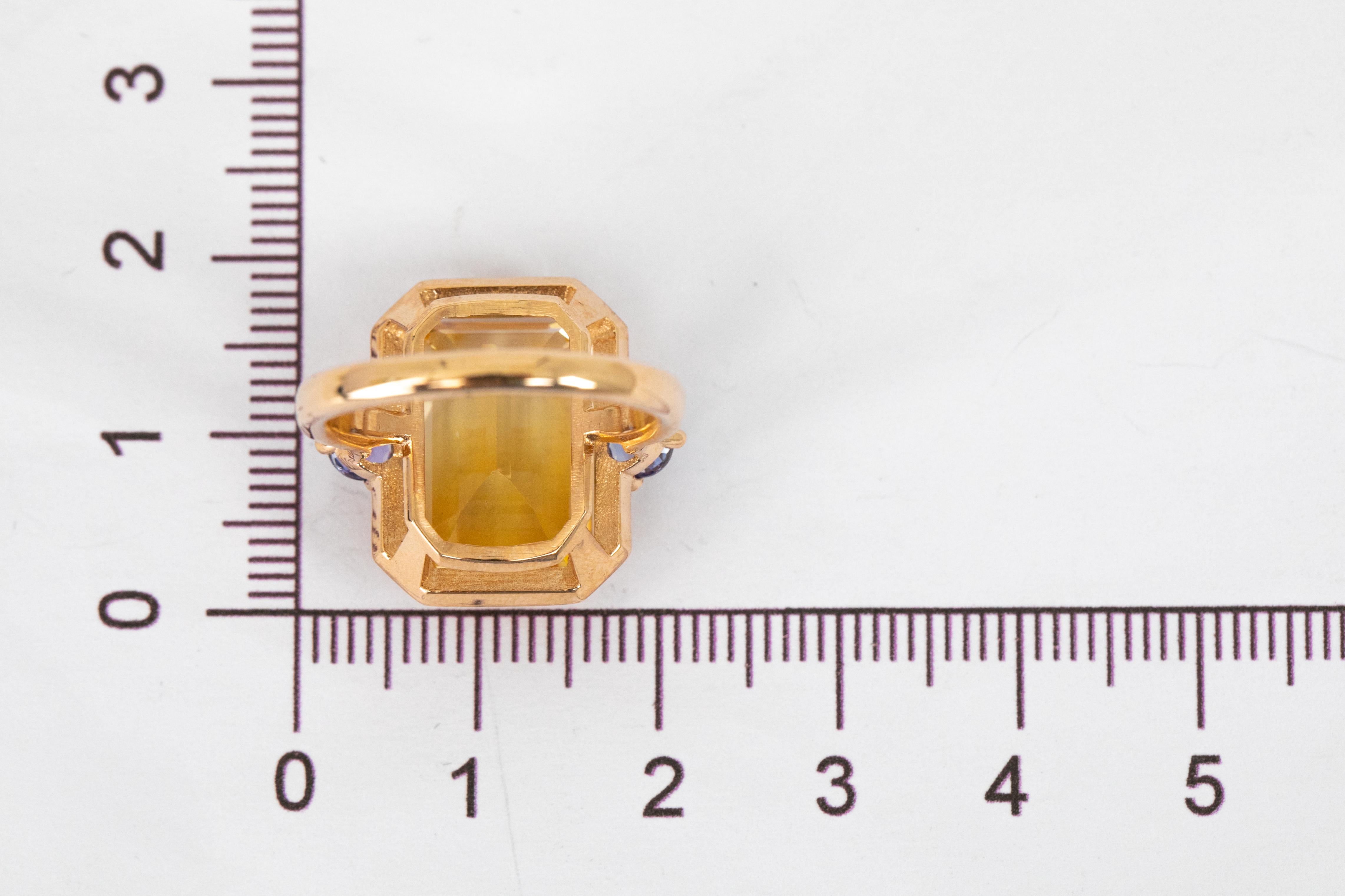 For Sale:  Art Deco 14k Solid Gold, 6.43ct, Citrine and 0.40ct, Ceylon Sapphire Stone Ring 7