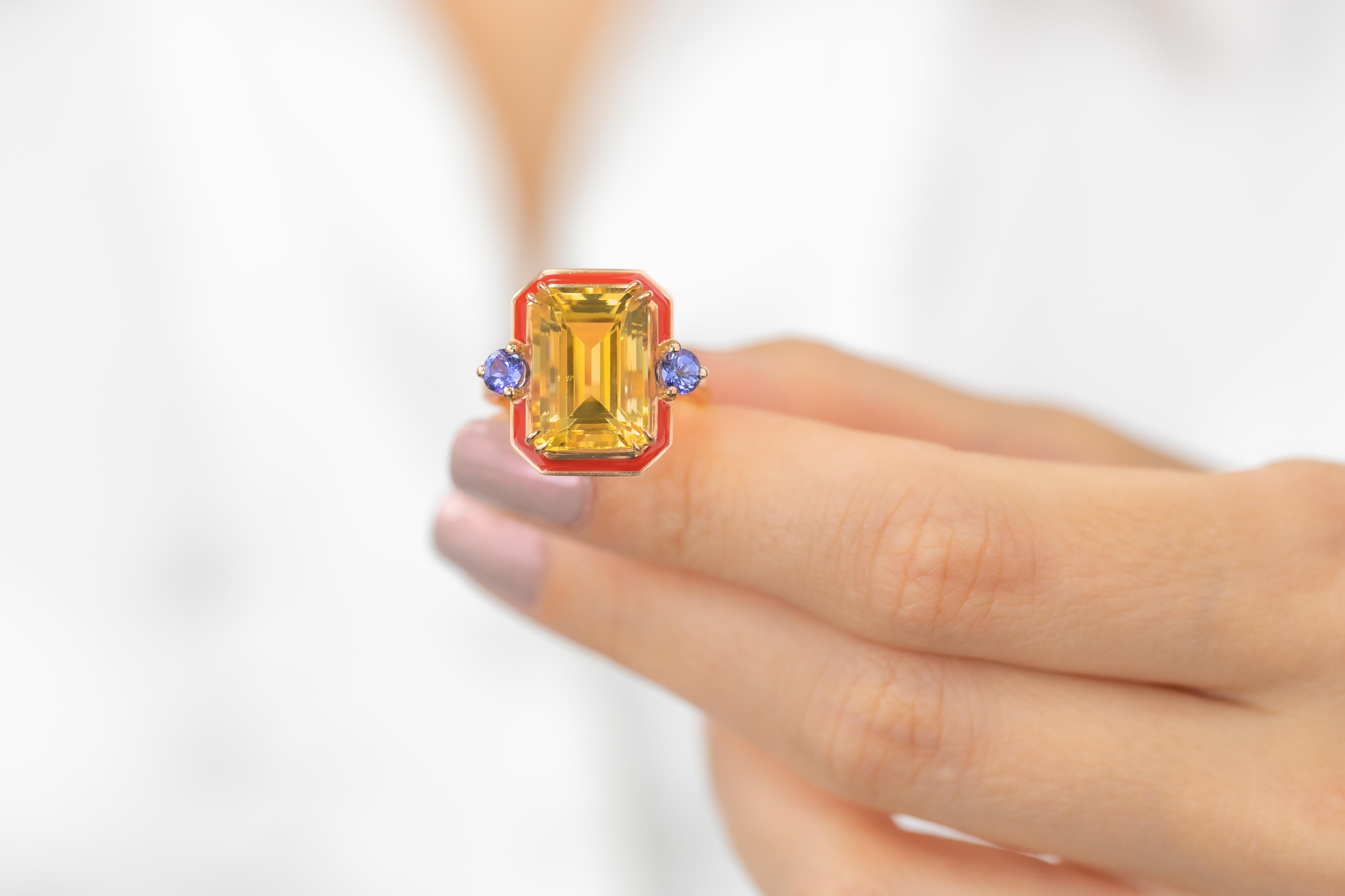 For Sale:  Art Deco 14k Solid Gold, 6.43ct, Citrine and 0.40ct, Ceylon Sapphire Stone Ring 8