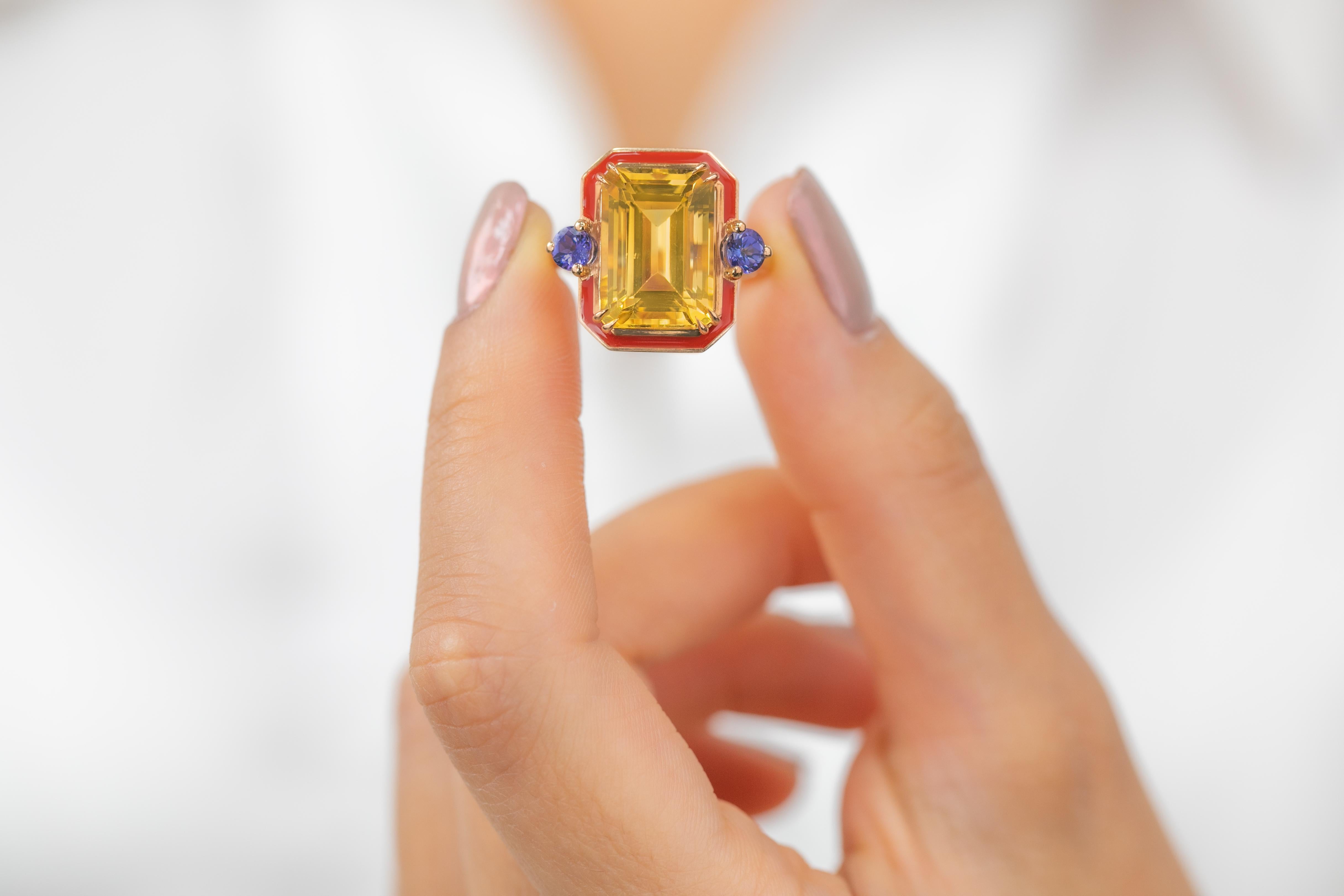 For Sale:  Art Deco 14k Solid Gold, 6.43ct, Citrine and 0.40ct, Ceylon Sapphire Stone Ring 9