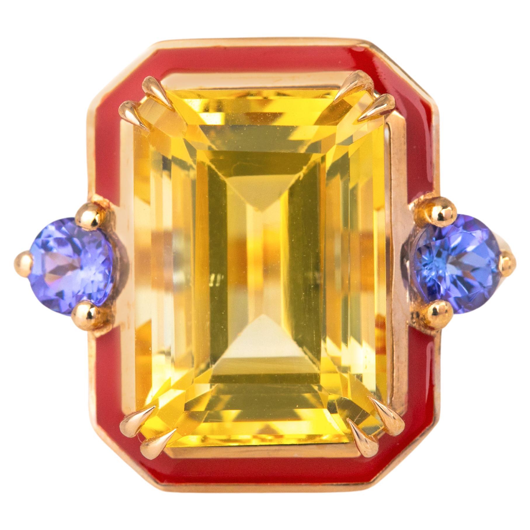 For Sale:  Art Deco 14k Solid Gold, 6.43ct, Citrine and 0.40ct, Ceylon Sapphire Stone Ring