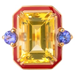 Art Deco 14k Solid Gold, 6.43ct, Citrine and 0.40ct, Ceylon Sapphire Stone Ring