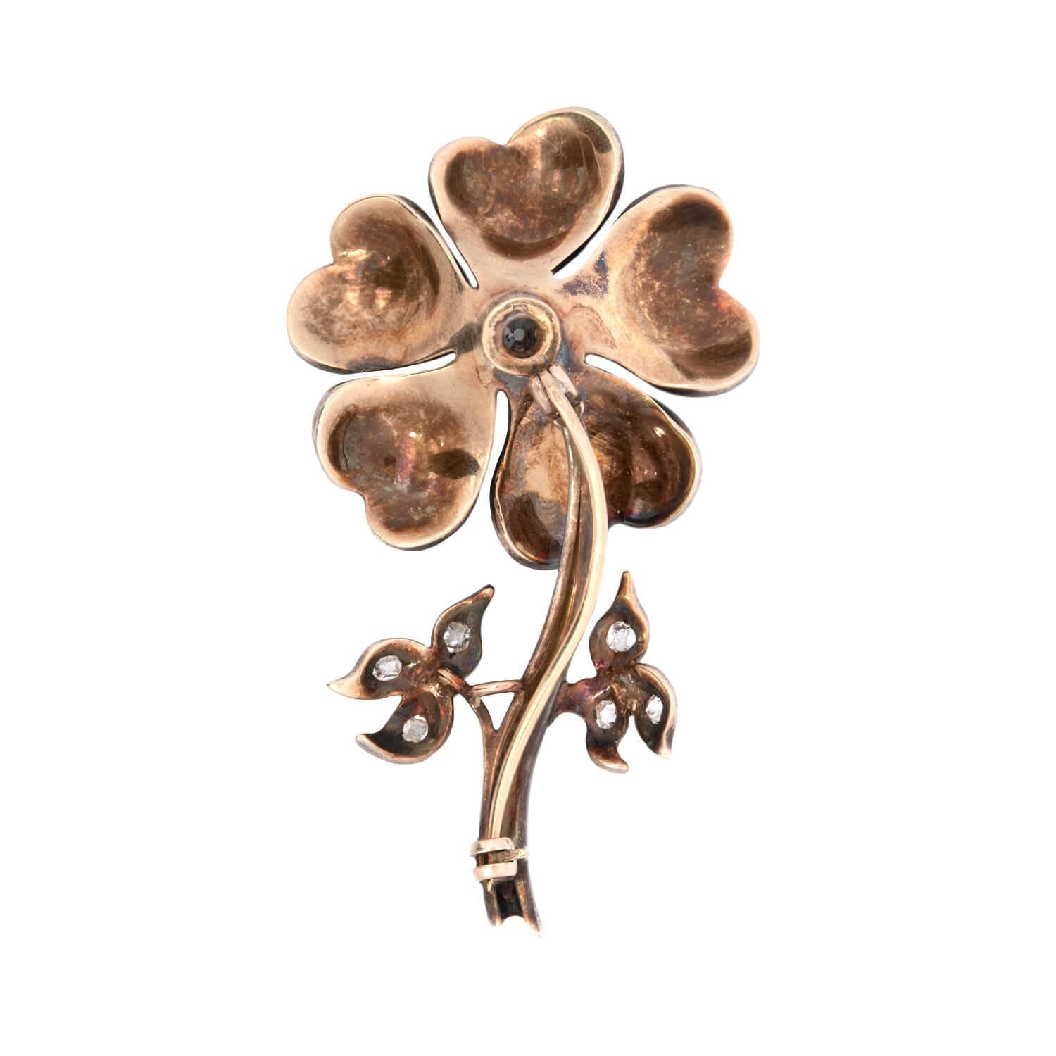 Old Mine Cut Art Deco 14k/Sterling Silver Diamond and Enamel Flower Pin For Sale