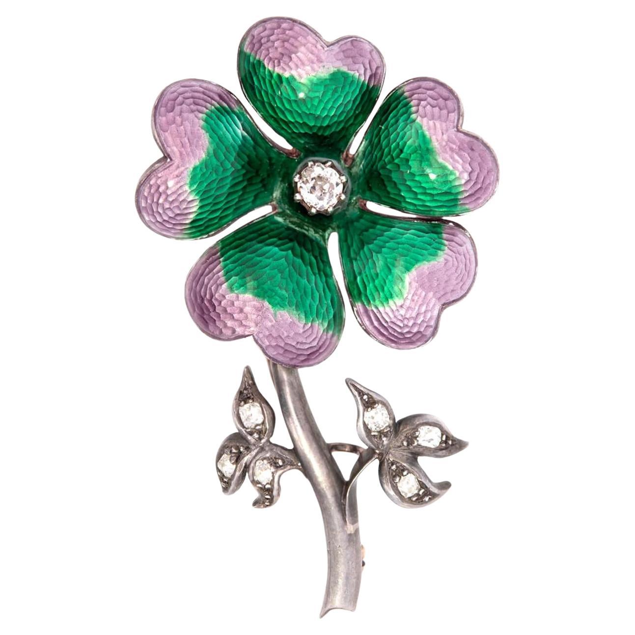 Art Deco 14k/Sterling Silver Diamond and Enamel Flower Pin