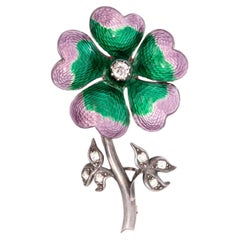 Art Deco 14k/Sterling Silver Diamond and Enamel Flower Pin