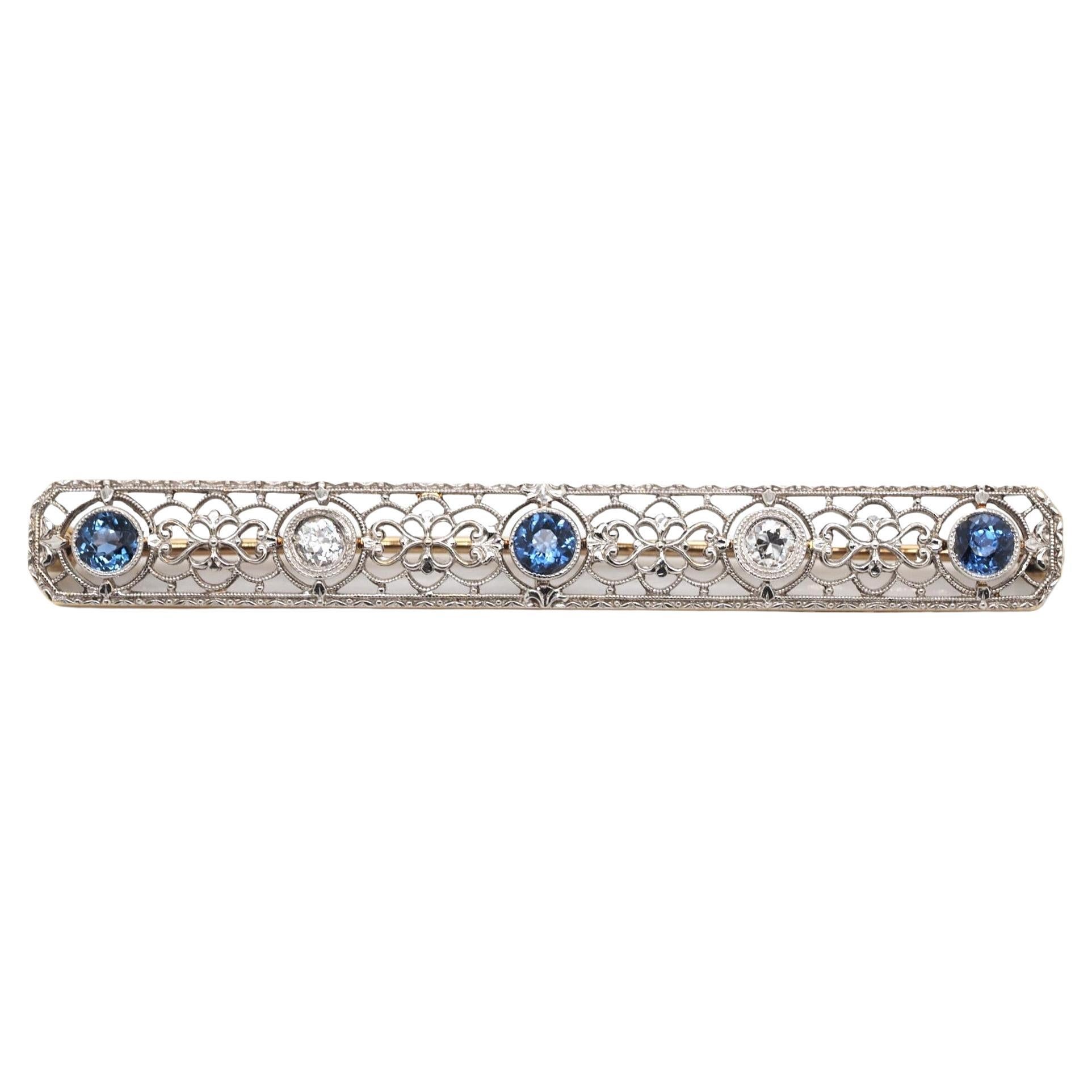 Art Deco 14K Two Tone Gold Natural YOGO Sapphire and Diamond Bar Brooch Pin GIA For Sale