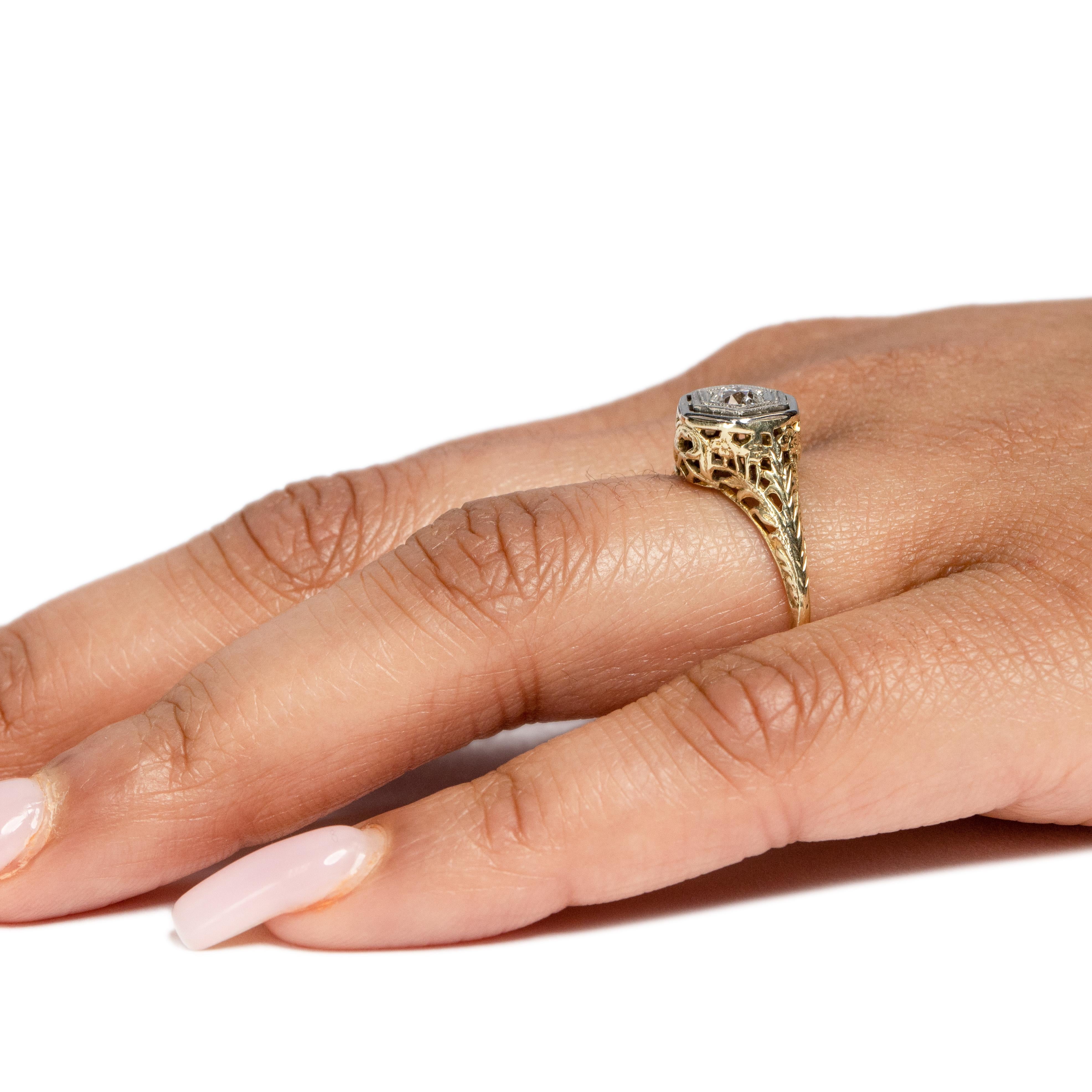 Women's or Men's Art Deco 14K Two Tone Vintage .25Ct Old European Cut Diamond Engagement Ring 