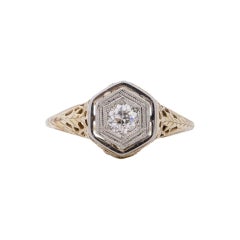 Art Deco 14K Two Tone Vintage .25Ct Old European Cut Diamond Engagement Ring 