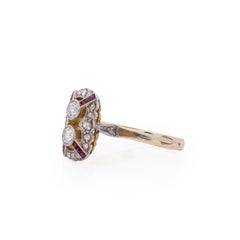 Art Deco 14k Two Tone Vintage Old European Cut Diamonds and Ruby Statement Ring