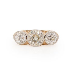 Art Deco 14K Two Tone Vintage Three Stone Ring GIA Certified Engagement Ring
