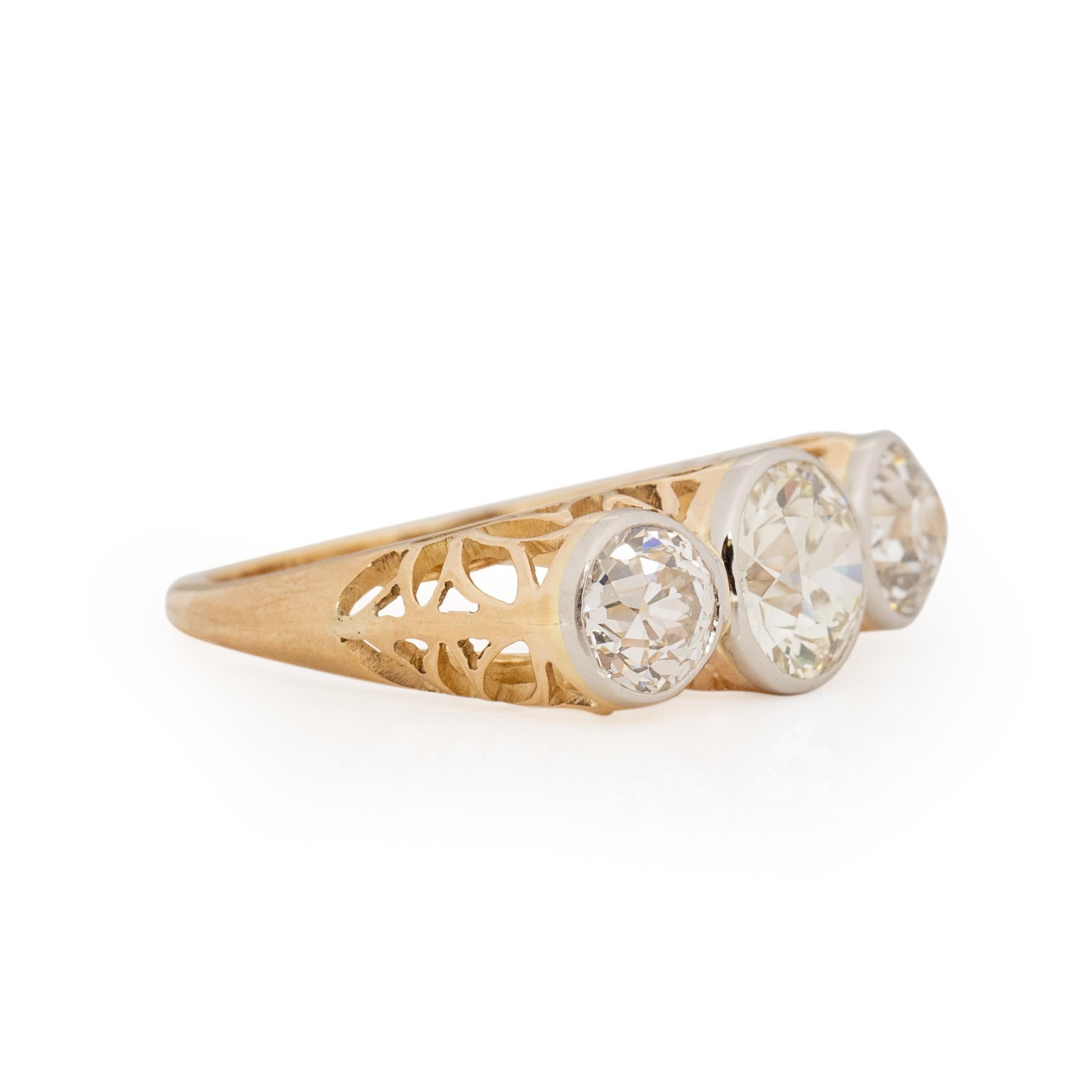 Old European Cut Art Deco 14K Two Tone Vintage Three Stone Ring GIA Certified Engagement Ring