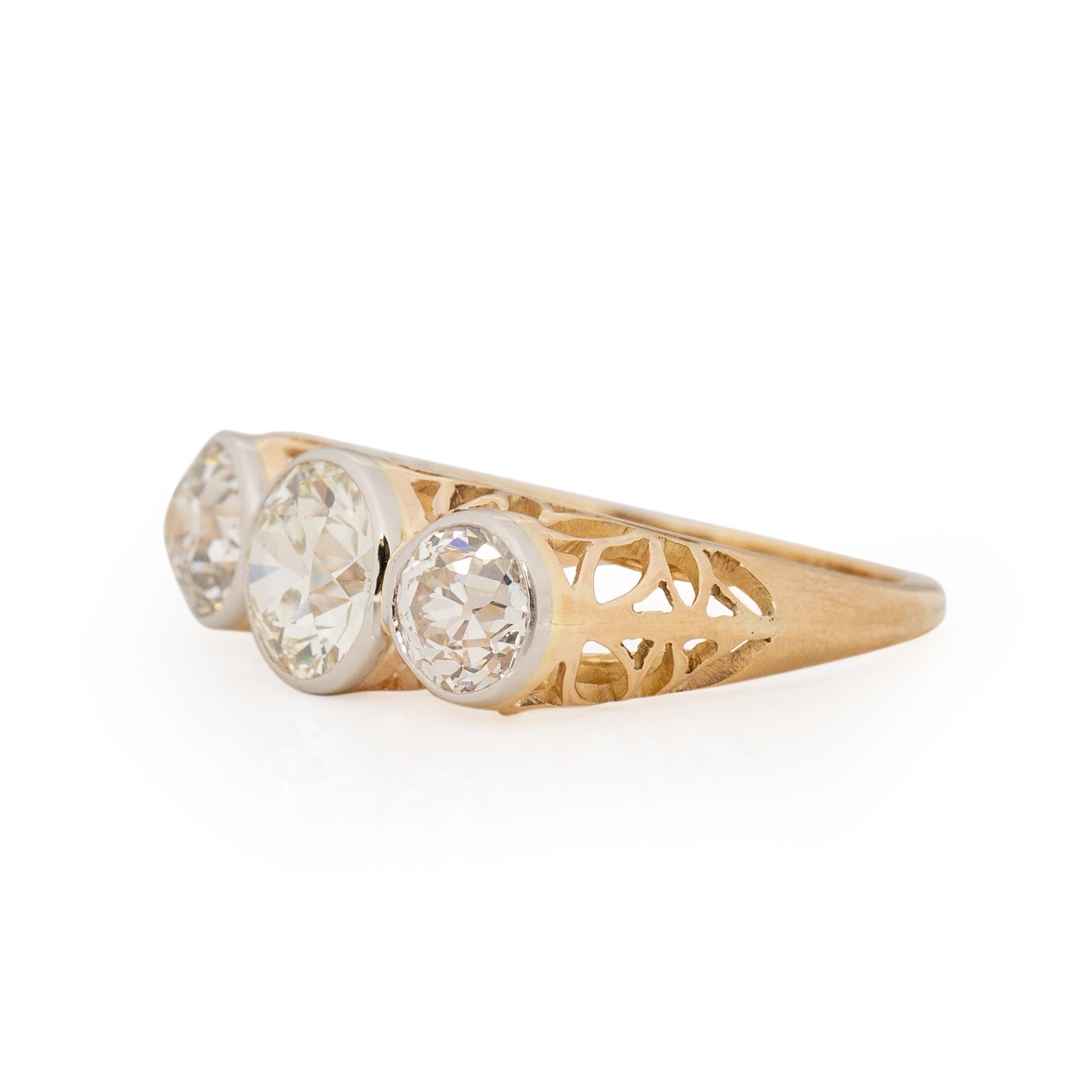 Women's or Men's Art Deco 14K Two Tone Vintage Three Stone Ring GIA Certified Engagement Ring