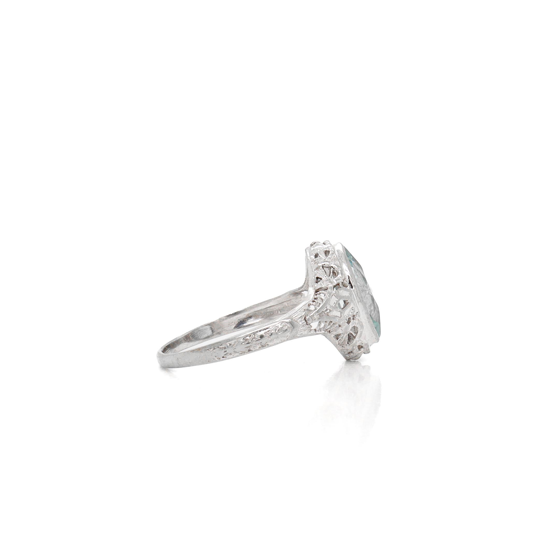 Art Deco 14K Weißgold & 1,2 Karat. Filigraner Cocktailring mit Aquamarin im Marquiseschliff im Angebot 5