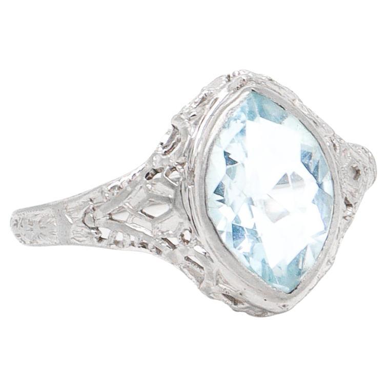 Art Deco 14K White Gold & 1.2 Ct. Marquise Cut Aquamarine Filigree Cocktail Ring