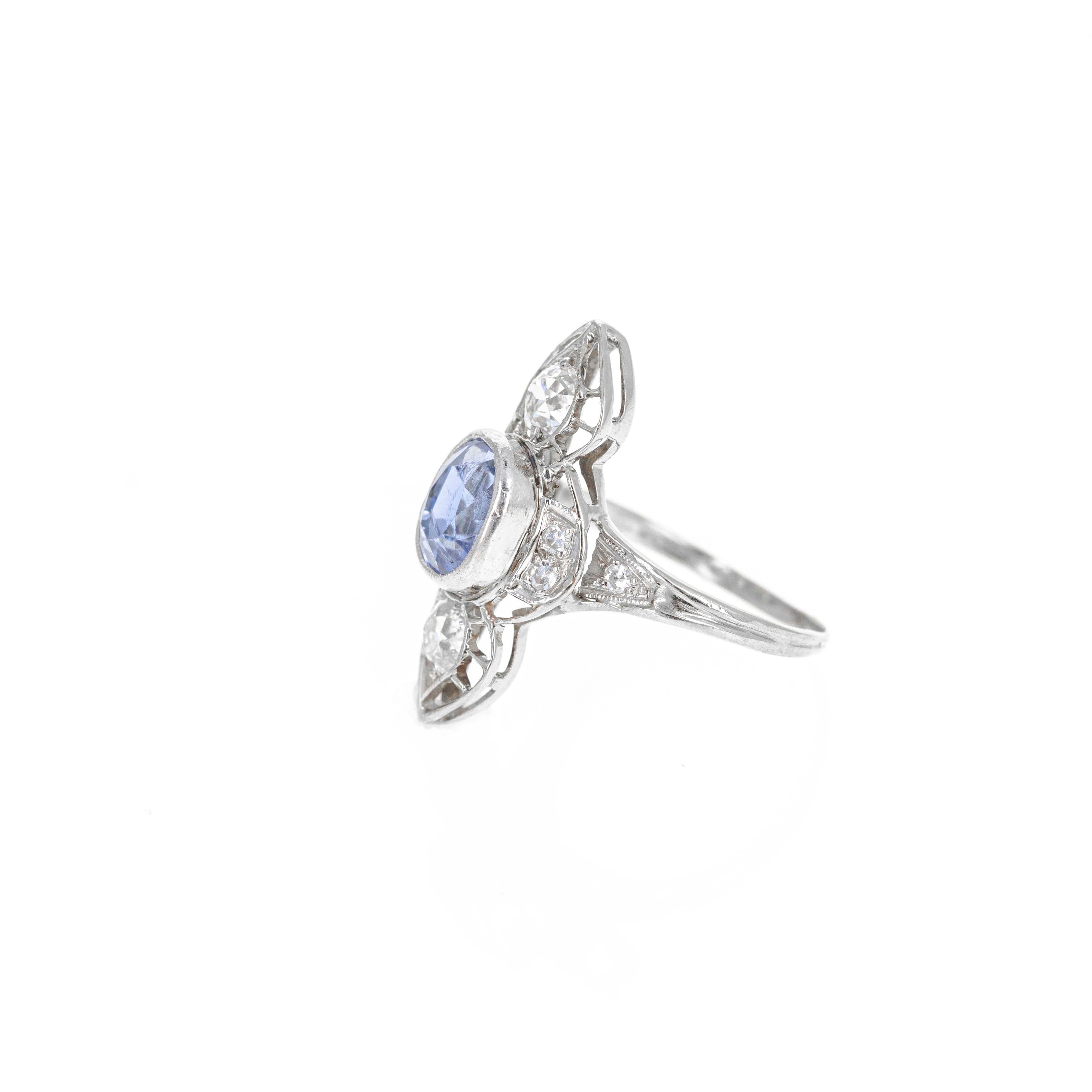 Art Deco 14K White Gold 2.20 Carat Sapphire Old European Diamond Ring In Excellent Condition For Sale In Cape May, NJ