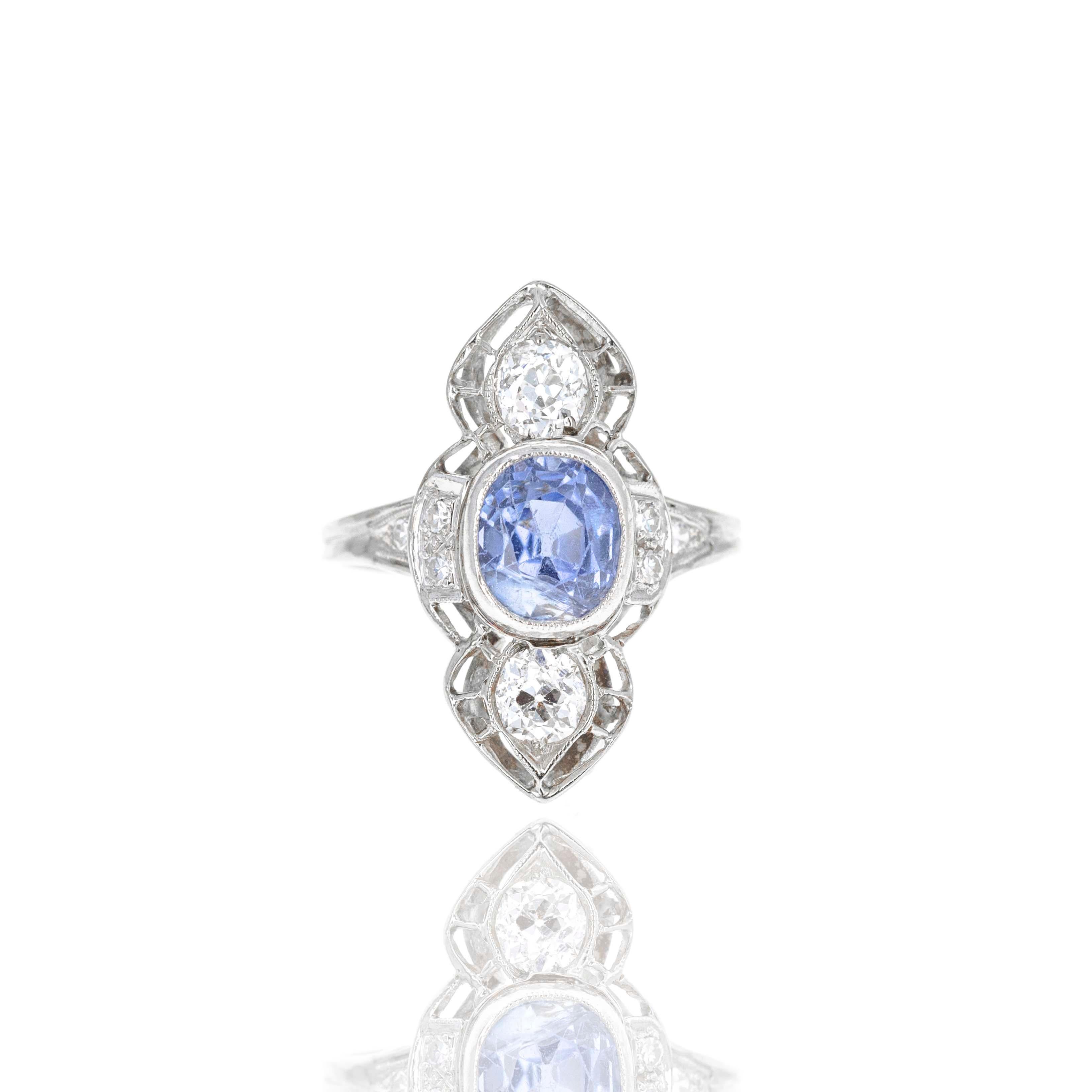 Art Deco 14K White Gold 2.20 Carat Sapphire Old European Diamond Ring For Sale 1