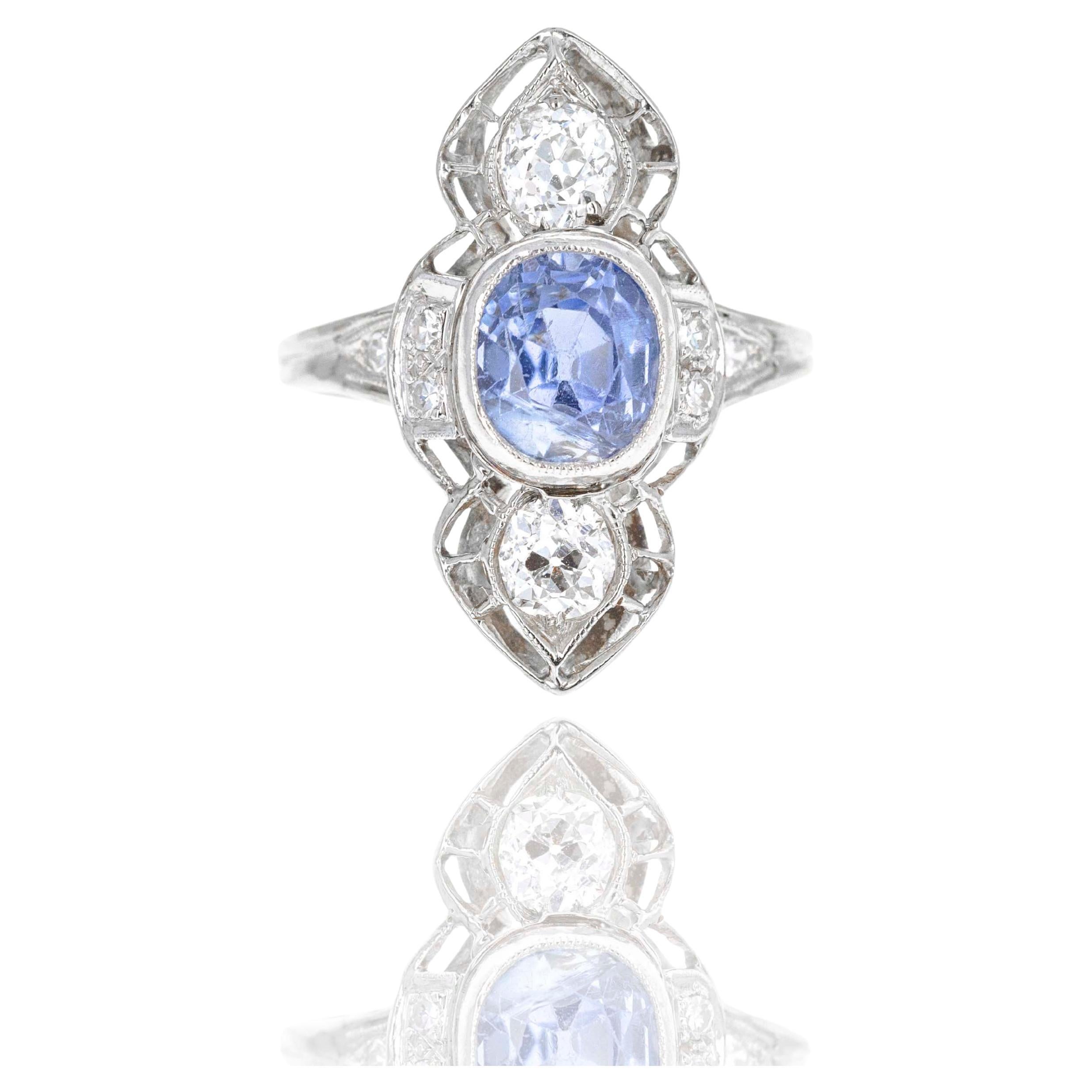 Art Deco 14K White Gold 2.20 Carat Sapphire Old European Diamond Ring For Sale