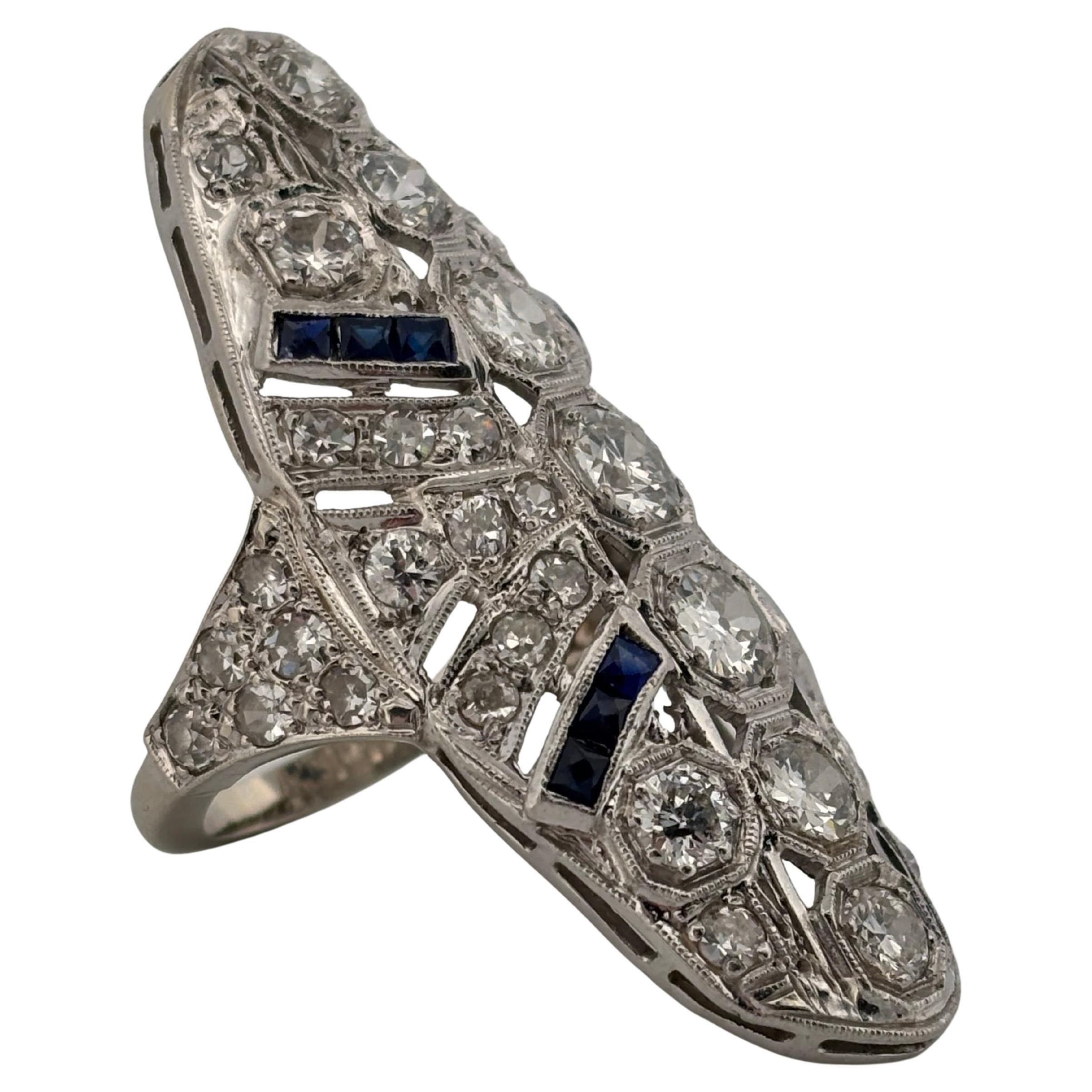 Donna Anello Art Deco in oro bianco 14K con diamanti e zaffiri H SI1 da 3,36 ct. in vendita