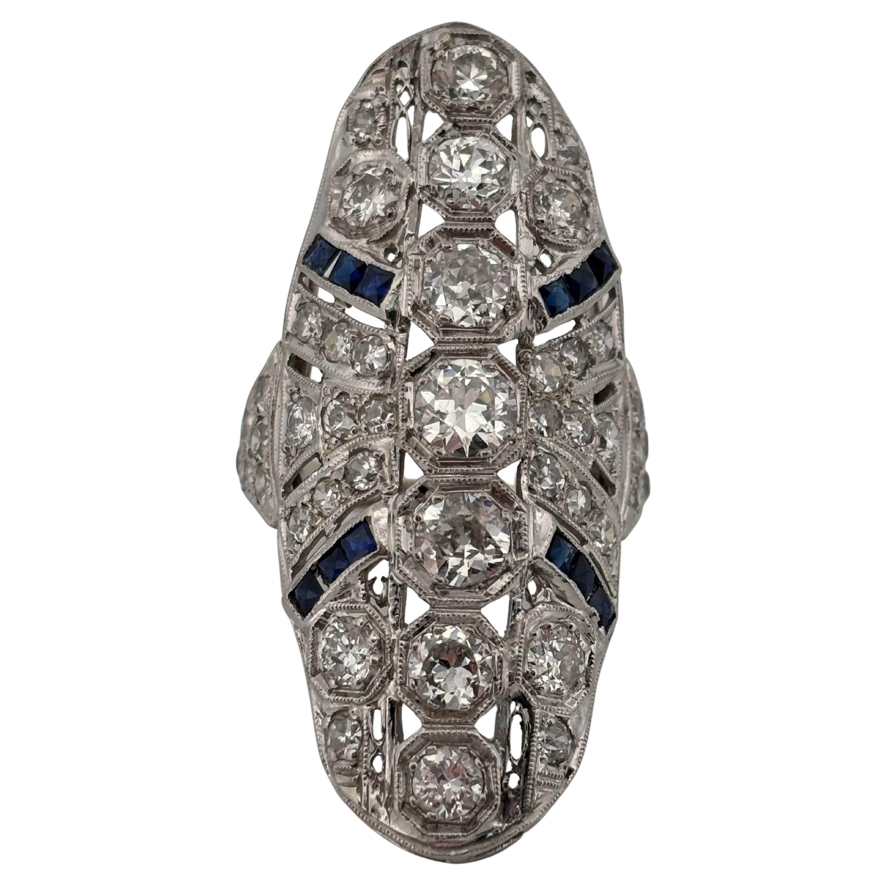 Anello Art Deco in oro bianco 14K con diamanti e zaffiri H SI1 da 3,36 ct. in vendita