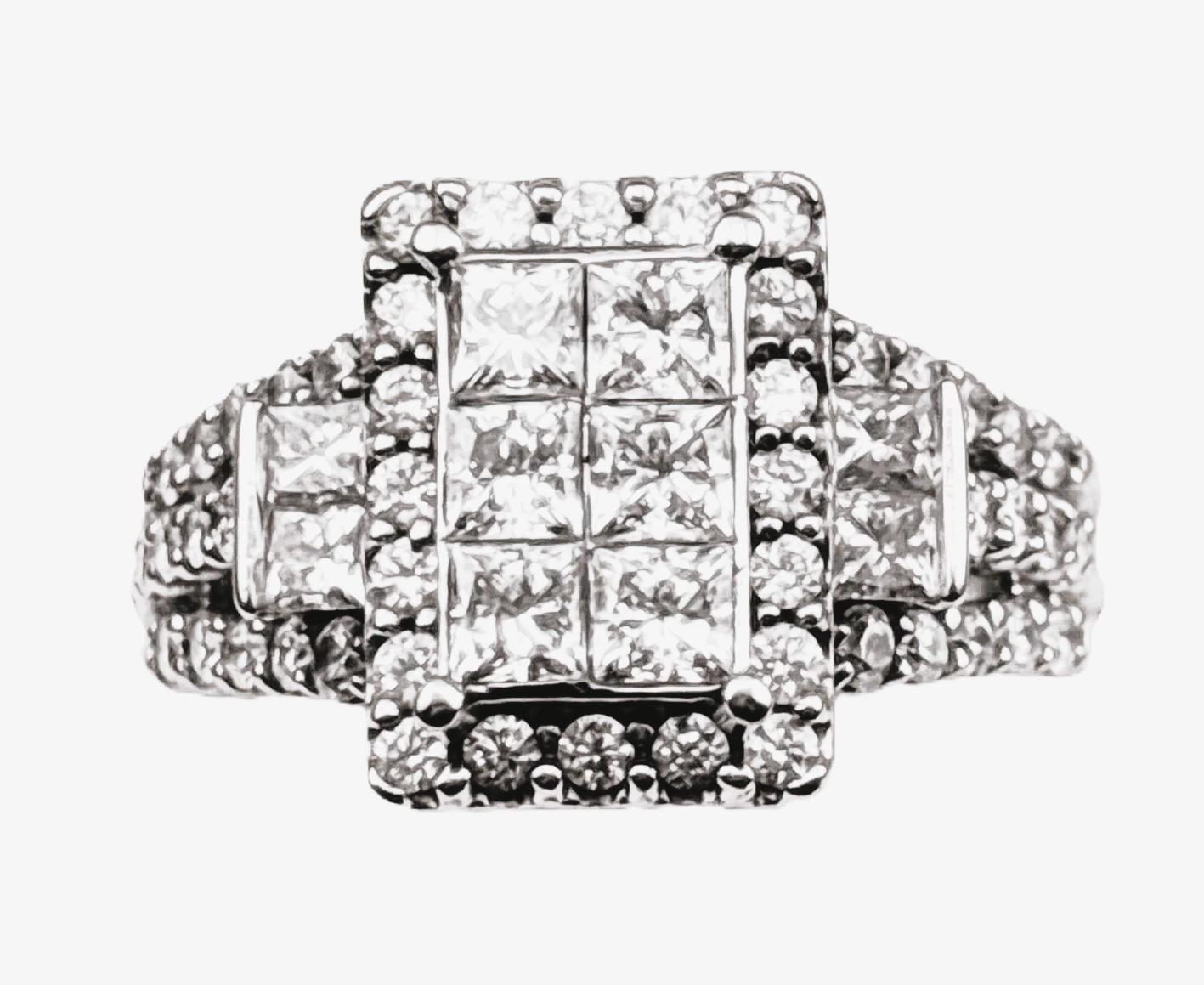 Art Deco 14k White Gold 3.78 carat Diamond Princess Cut & Brilliant Cut Ring 8
