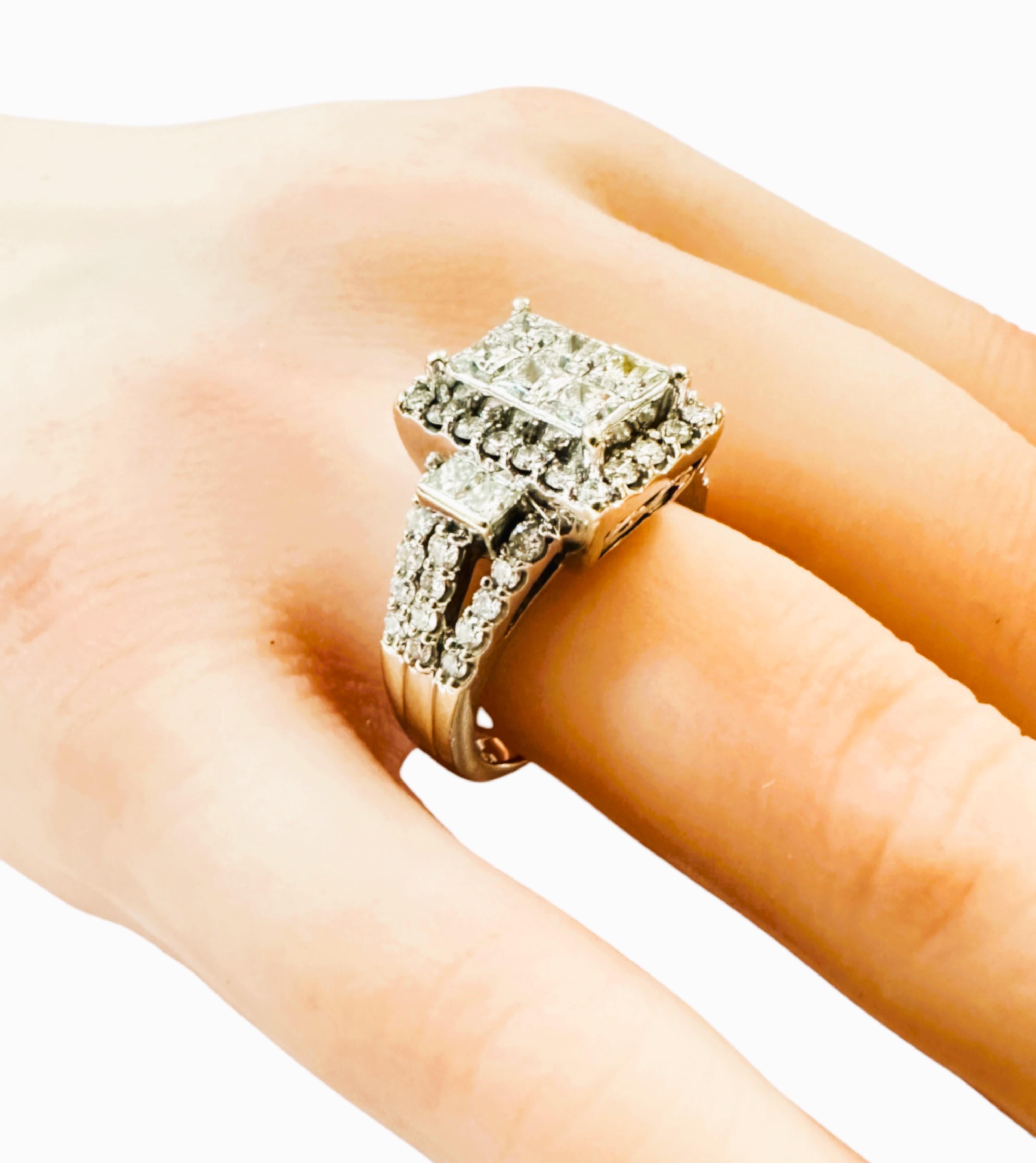 Women's Art Deco 14k White Gold 3.78 carat Diamond Princess Cut & Brilliant Cut Ring