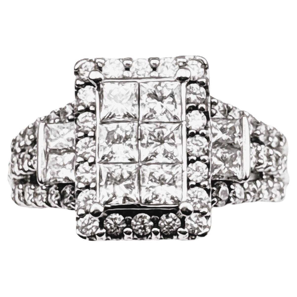 Art Deco 14k White Gold 3.78 carat Diamond Princess Cut & Brilliant Cut Ring