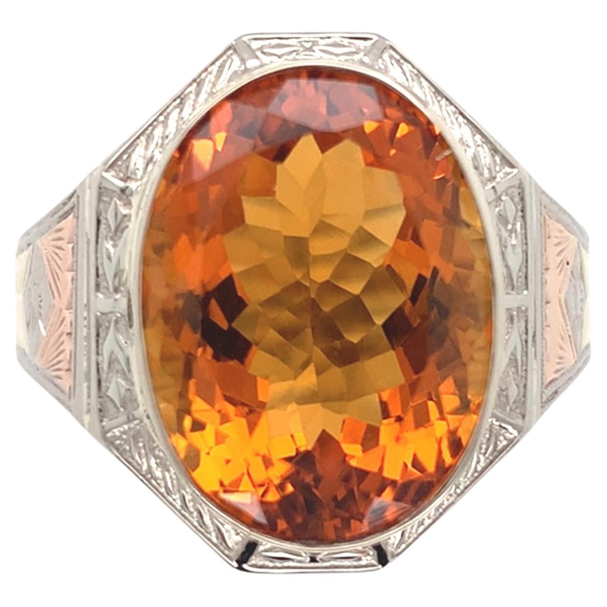 Art Deco 14K White Gold 6.90 carat Citrine Men's Ring Hand Engraved Size 12.5